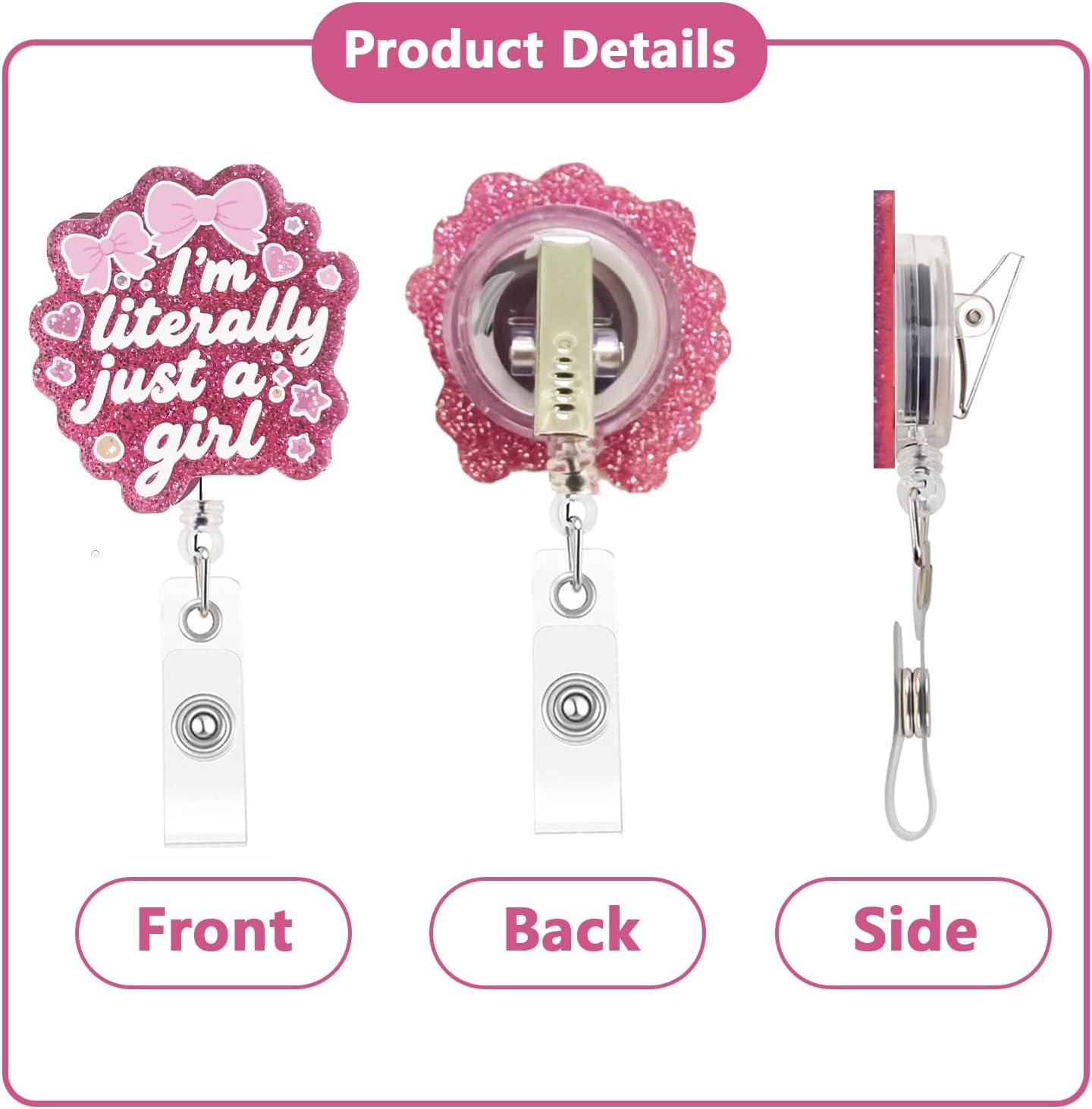 I'm Literally Just a Girl Funny Badge Reel Retractable for Nurse Doctor Nursing Student Medical Workers, Cute Pink ID Work Name Tag Badge Holder with Alligator Clip - Image 2