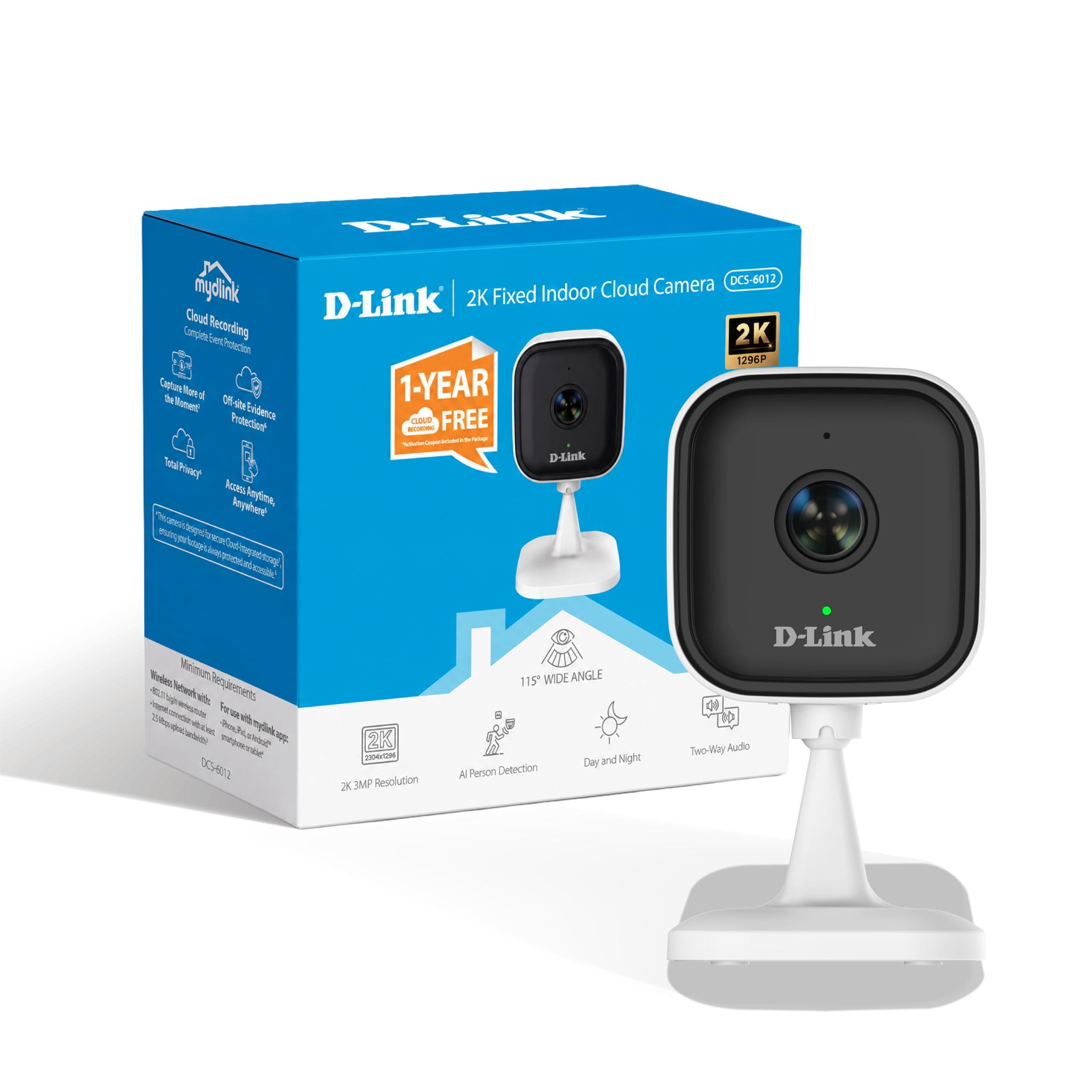 D-Link DCS-6012 Telecamera Wi-Fi Interna 2K, Rilevamento Persone AI, Avvisi Audio e Movimento, Visione Notturna, Audio Bidirezionale, Sicurezza WPA3, Cloud 1 Anno, Alexa e Google
