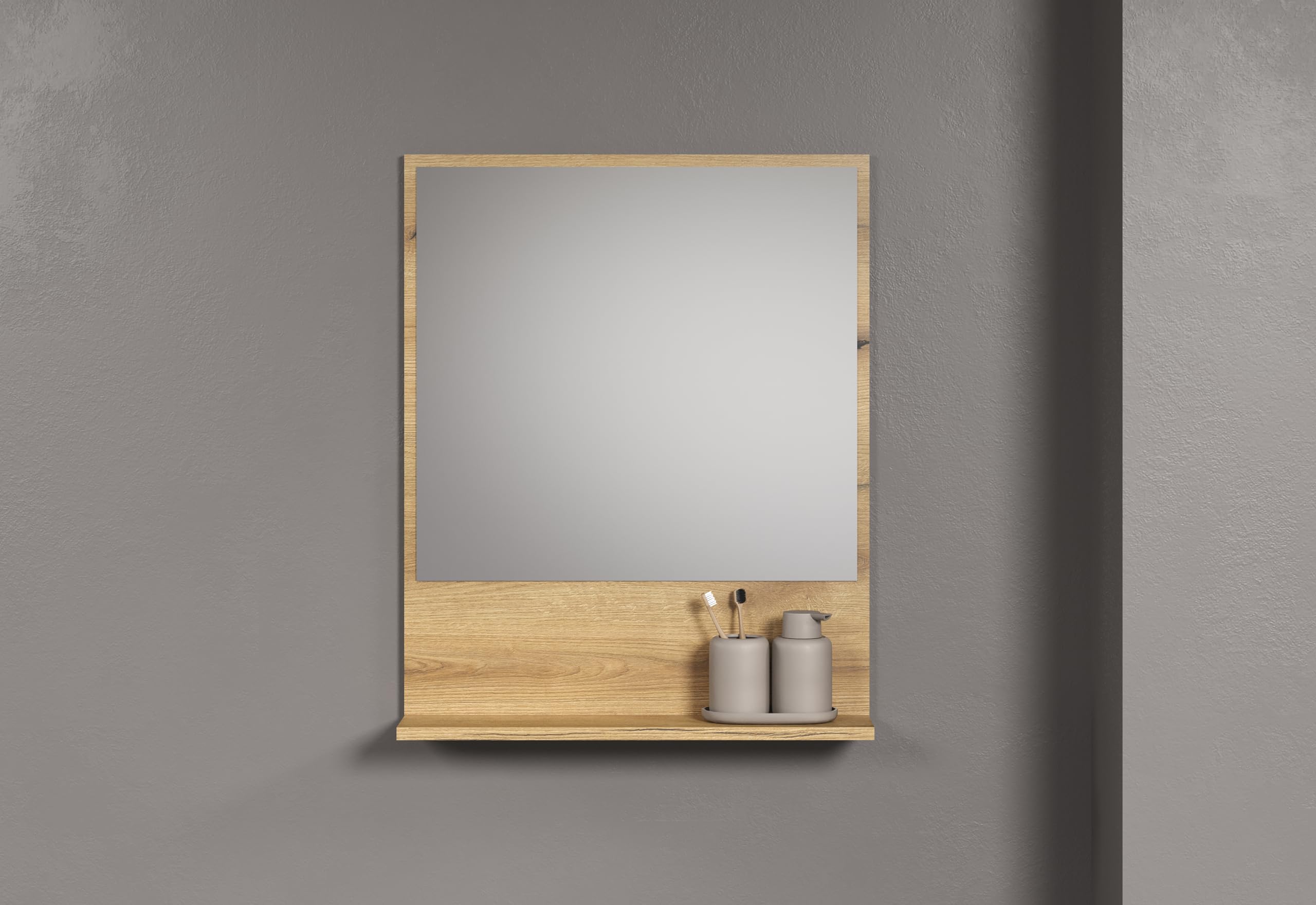 Specchio Da Bagno Con Ripiano PureBliss - Design Rovere Evoke, 60x74 Cm - Antigraffio E Certificato FSC