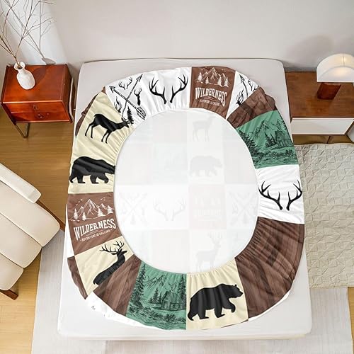 Miniatura 25 de Sábana bajera ajustable de oso de caza, juego de ropa de cama a cuadros de búfalo, sábanas de retazos de cabaña rústica para niños, niños, Multi