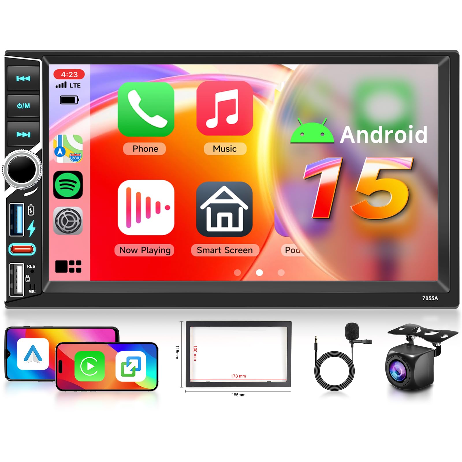 【8 Core 4+64G】2025 Hodozzy Stereo Auto Android 2 Din con Carplay Wireless con 2 USB USB-C, Schermo QLED da 7 Pollici, Autoradio Bluetooth con Android Auto/DSP/WiFi/RDS/FM + Telecamera Posteriore