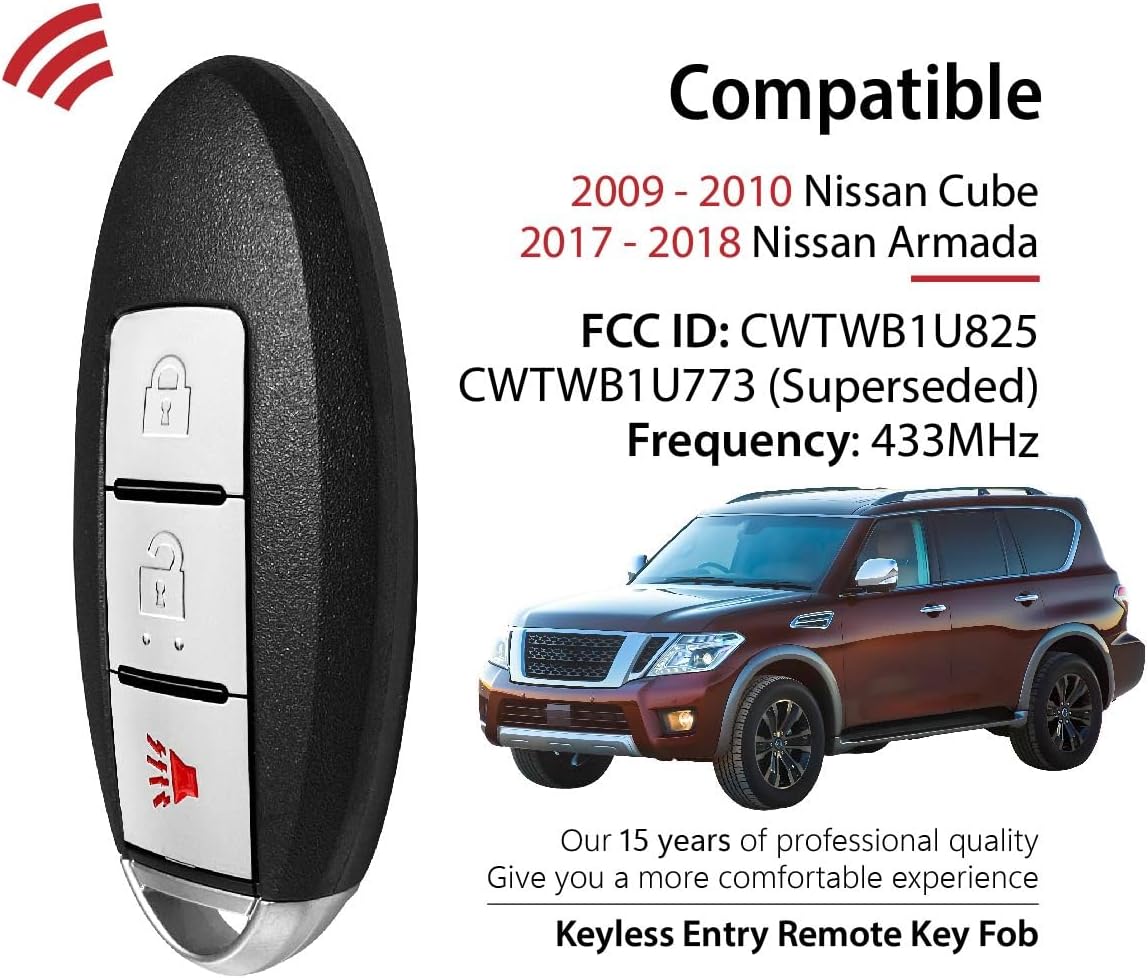 Car Key Fob Remote Keyless Entry Control CWTWB1U825 433MHz 3 Button Replacement for 2009-2018 Nissan Cube Armada - 2 Pack - Image 2