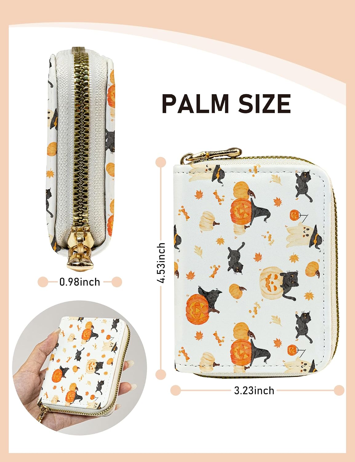 METALPHA Credit Card Holder for Women, Halloween RFID Credit Card Wallet with Zipper, Cute Mini Leather ID Card Holders Small Wallets for Cat Lovers