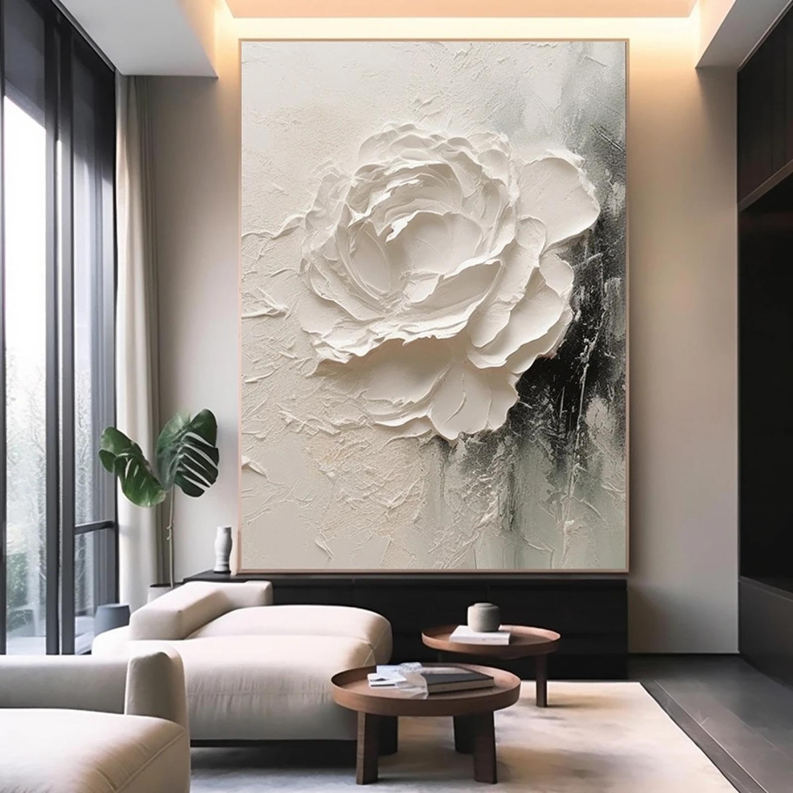 LZJAGXX Grande poster astratto con fiori bianchi, stampa su tela minimalista, decorazione per soggiorno, effetto strutturato, 70x100 cm, cornice interna