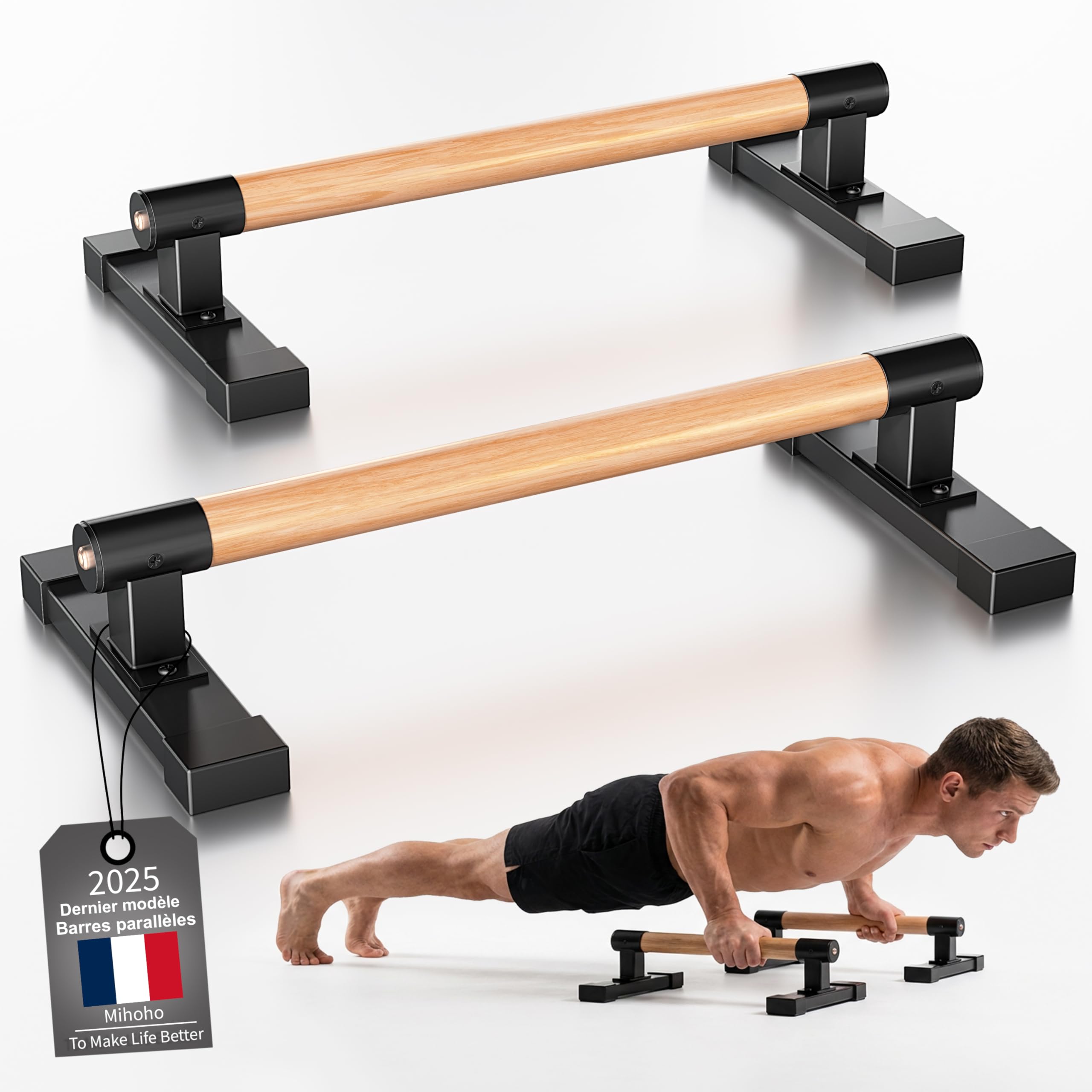 Parallettes, Barres parallèles pour Calisthenics, barres de musculation pour pompes, équilibres sur les mains et entraînement de force avec poignées en bois de hêtre, Équipement de fitness