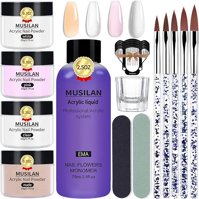 Professional Acrylic Nail Set with Liquid & Powder - 4 Colors & Brushes for Nail Extension