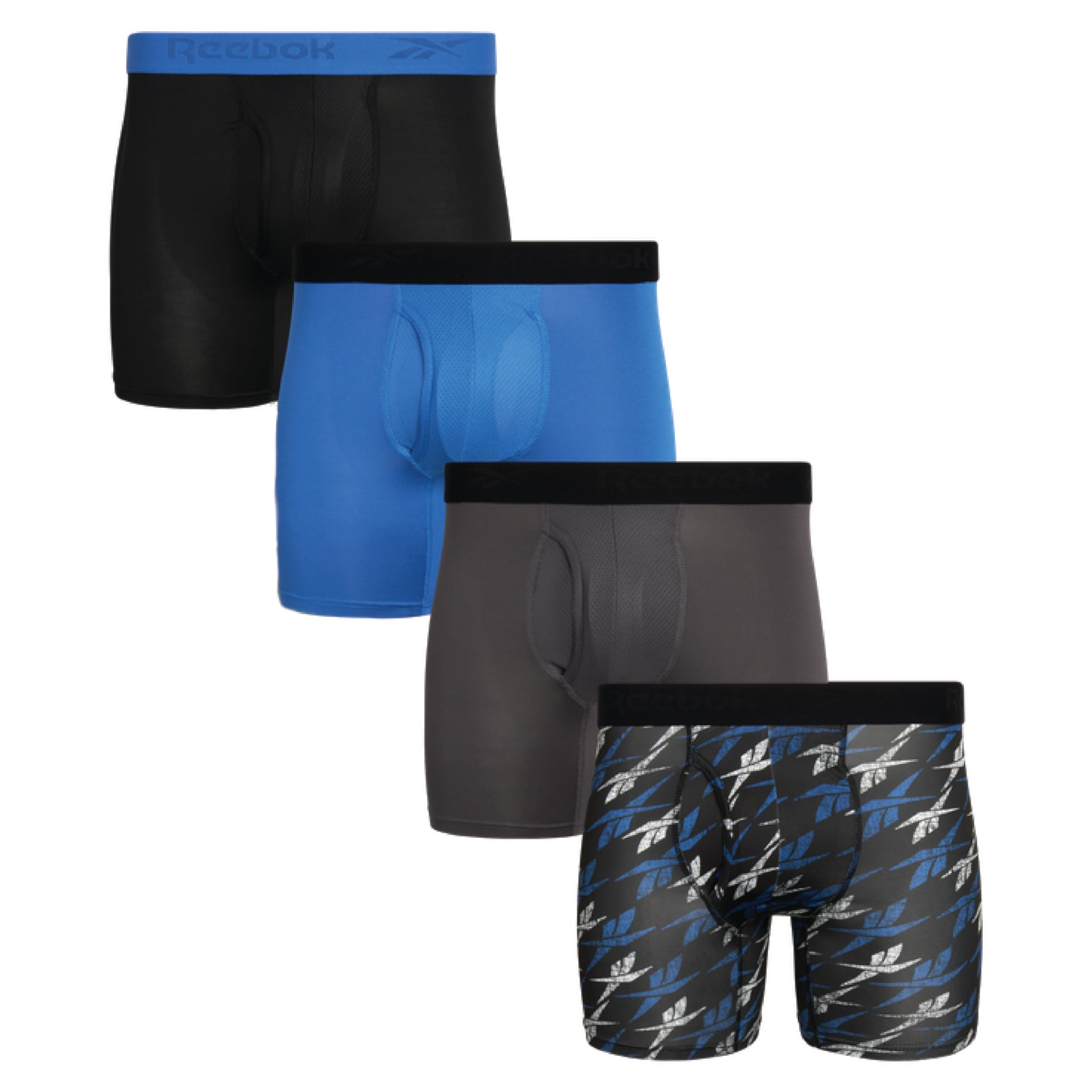 Reebok Men's Underwear - Performance Boxer Briefs with Fly Pouch (4 Pack), Black/Blue/Charcoal/Black Print, M