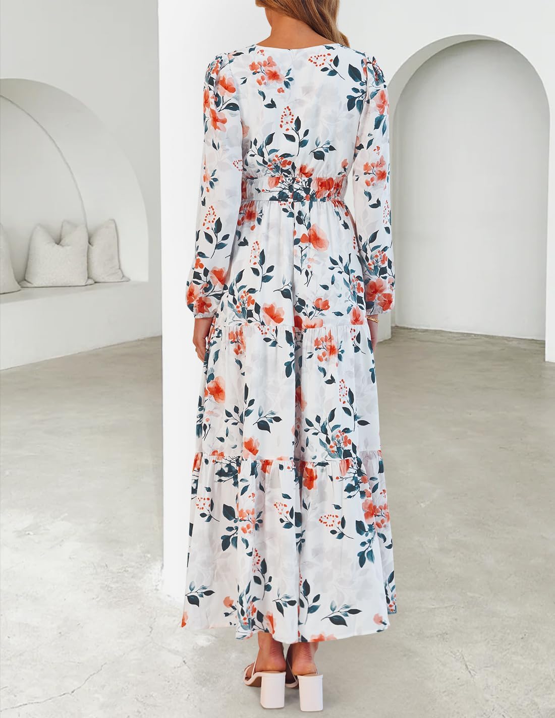 ZESICA Spring Dresses for Women 2026 Long Sleeve Boho Floral V Neck Empire Waist A Line Casual Flowy Wedding Guest Maxi Dress - Image 4