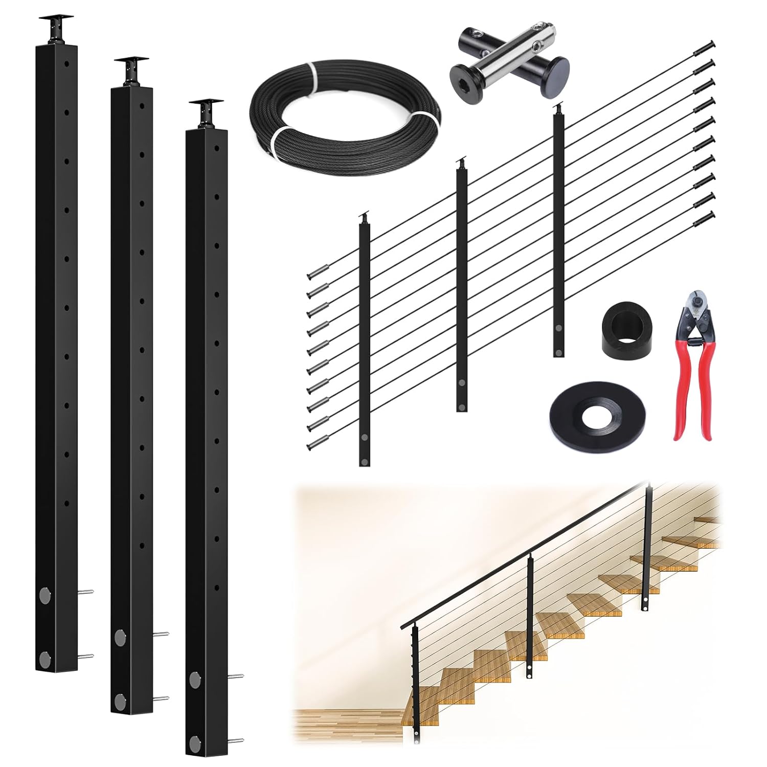 Muzata 10-15FT Modular Black Side Mount Cable Railing Kit 36 Inch 3 Stair Post Kit Complete Set Cable Railing System for Stairs Length Adjustable with Paper User Guide (No Handrail) RWF1 BA4S