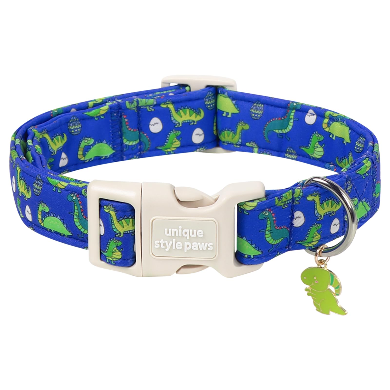 Unique style paws Dinosaur Dog Collar, Summer Spring Adjustable Cotton Dog Collar with Dinosaur Charm, Quick Release Buckle, Strong Metal D Ring, Blue Dino Dog Collar for Small Medium Large Dogs
