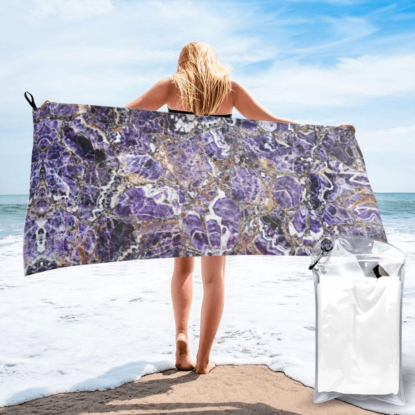 SDEGTHO Marble Purple Print Beach Towel Quick Dry Portable For Swimming Yoga Adults Fitness