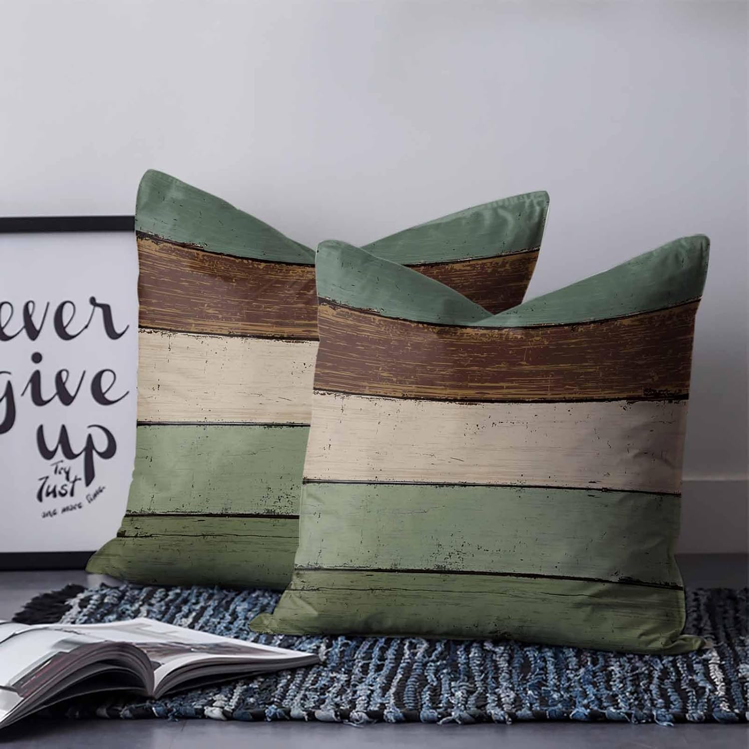 T&H XHome Throw Pillow Covers 16 x 16 Inches Set of 2 Vintage Sage Green Brown Wood Grain Farm Farmhouse Decorations Cushion Cover Zippered Square Pillowcase for Bedroom Living Room Sofa Couch