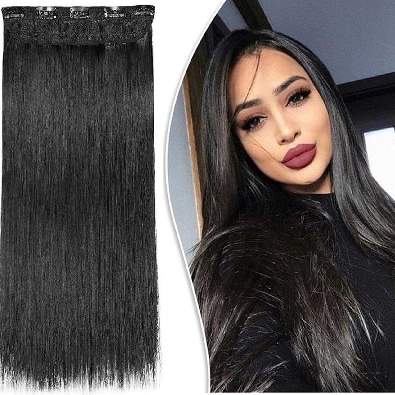 MoonEyes, Natural Black Straight Hair Extensions in High Temperature Synthetic Fiber in 24 inch, 5 Clips Head in 1 Piece For women and girls (Black)