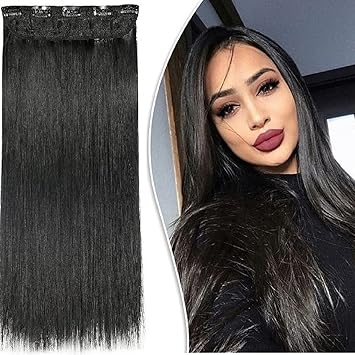MoonEyes , Natural Black Straight Hair Extensions in High Temperature Synthetic Fiber in 24 inch , 5 Clips Head in 1 Piece For women and girls (Black)