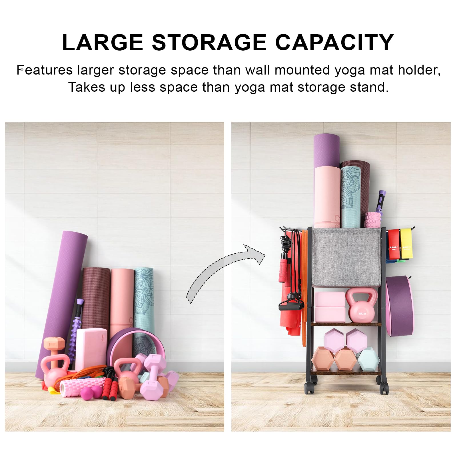 Bikoney Porte Tapis de Yoga et Organisateur de Fitness, Rangement d’Accessoires de Sport pour Salle de Gym à Domicile, Support Polyvalent pour Équipement d’Entraînement