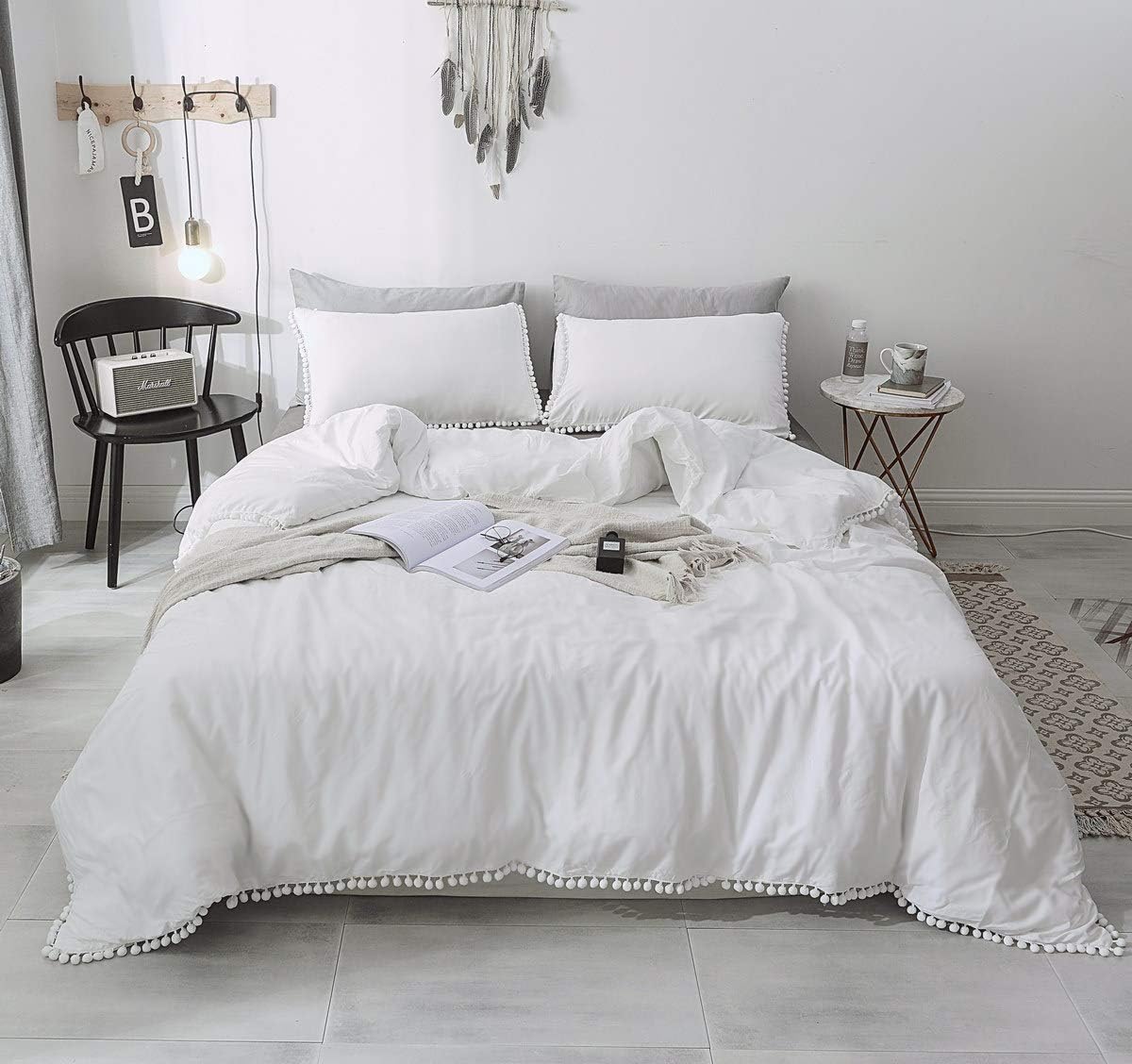 Janzaa Duvet Cover Pom Pom Duvet Cover, Duvet Cover Queen Size Boho Duvet Cover White Bedding 3 PCS (1 Duvet Cover Set&2 Pillow Cases)