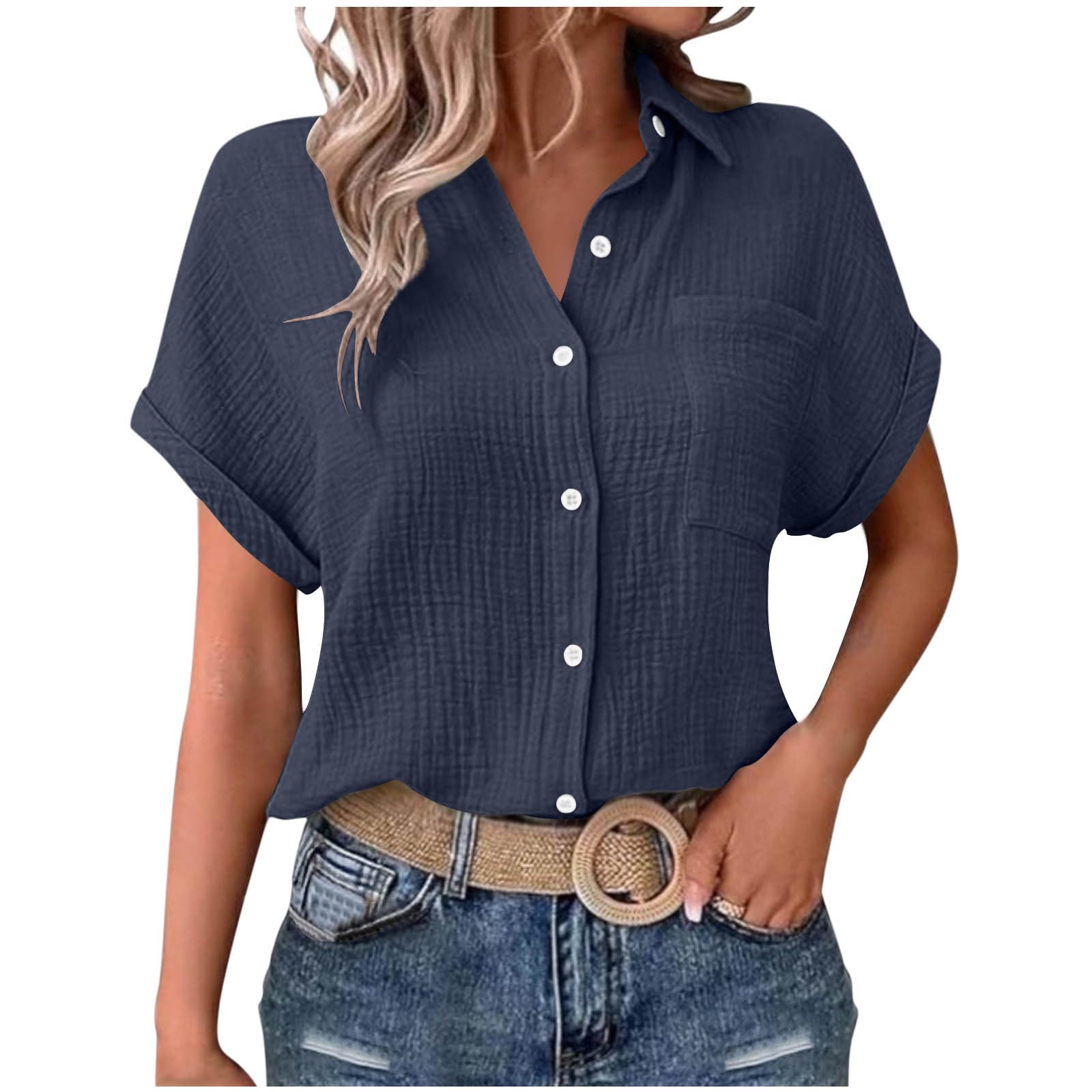 AEGJEGVD Musselin Damen Blusen Elegant Shirt Kurze Ärmel Bluse Mit Kragen Knopfleiste Formelle Arbeitskleidung Lässige Hemden Leinenbluse Flowy Locker Blusen Atmungsaktive Sonnenschutz Oberteil