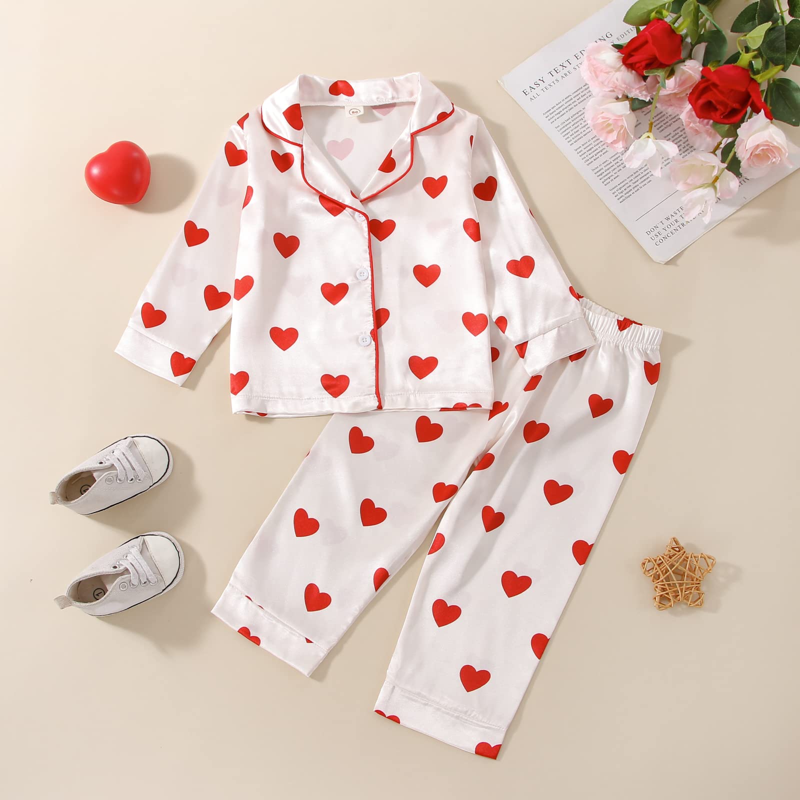 MAINESAKA Toddler Baby Girl Silk Satin Pajamas Valentines Day Pjs Heart Print Button Down Shirt Shorts/Long Pants Sleepwear (A-Red Heart, 2-3 Years)