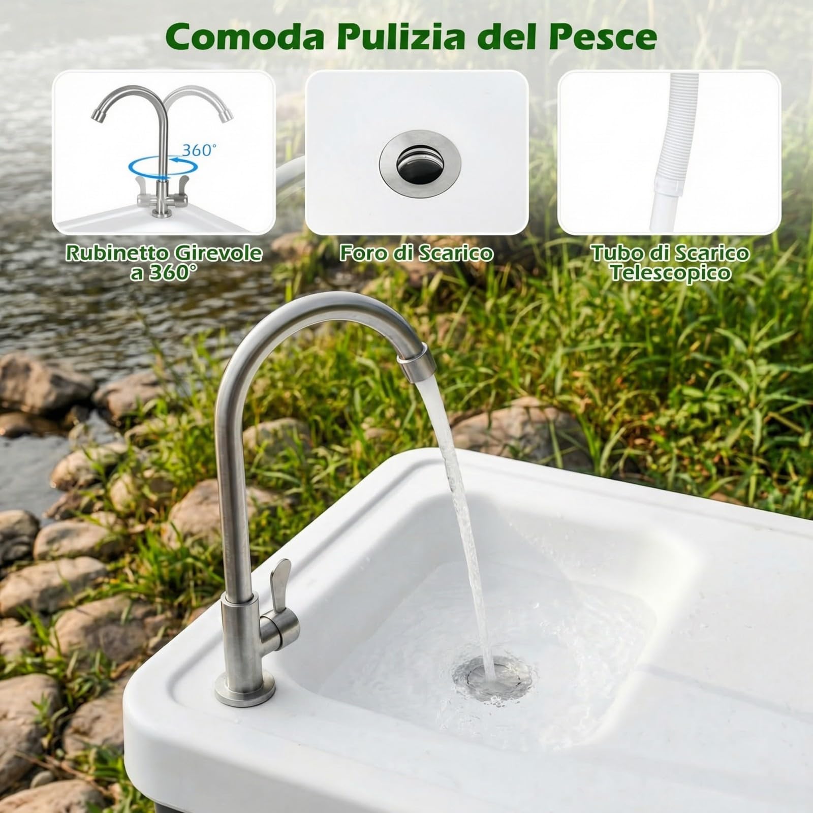 COSTWAY Tavolo da Campeggio con Rubinetto e Lavandino, 104 x 59 cm, Tavolo Pieghevole e Portatile per Lavaggio e Preparazione di Cibi, Pesca e Verdure, per Picnic, Spiaggia, Cortile e Giardino