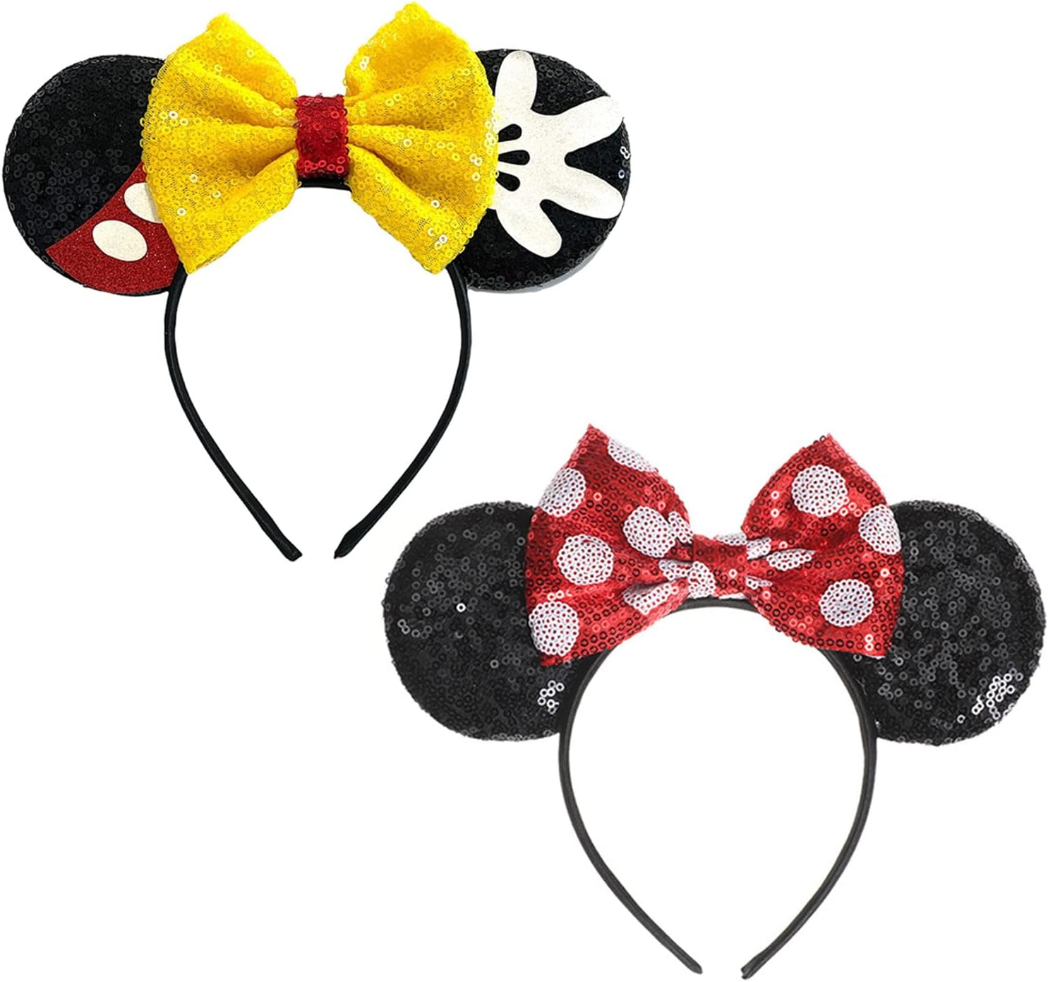 2 Pcs Mouse Ears Hair Bands for Women Girls, Glitter Sequin Hair Headband with Cute Sequin Top Bow Headwrap Palm, Birthday Outfit Lovely Headwear Accessories for Party Decoration Cosplay Costume