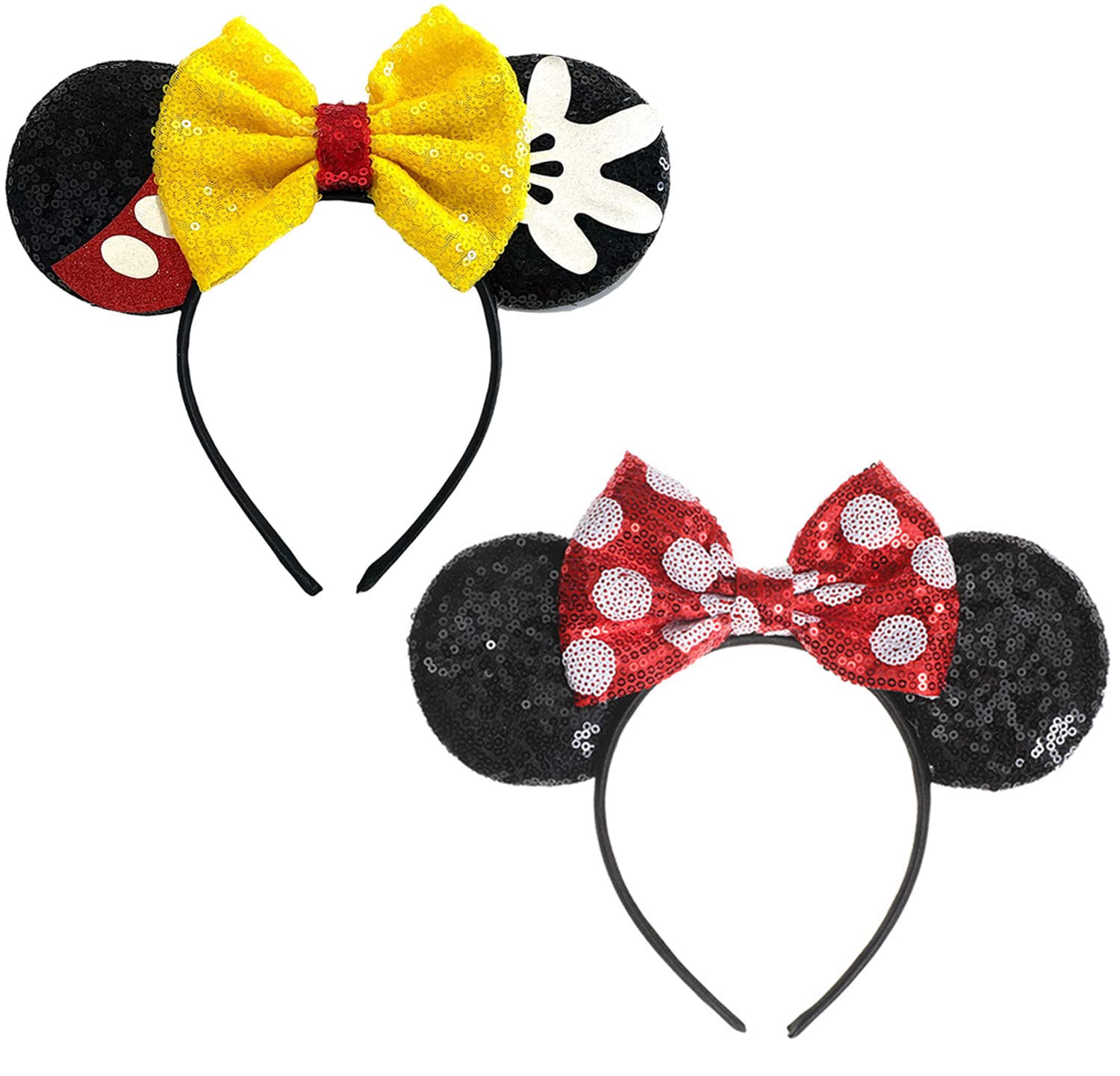2 Pcs Mouse Ears Hair Bands for Women Girls, Glitter Sequin Hair Headband with Cute Sequin Top Bow Headwrap Palm, Birthday Outfit Lovely Headwear Accessories for Party Decoration Cosplay Costume