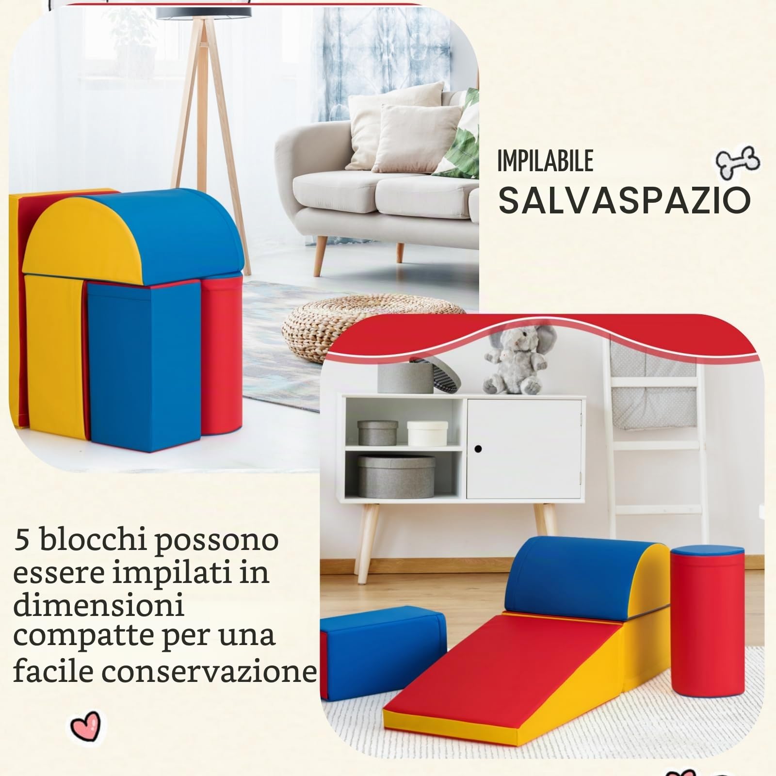 LIFEZEAL Set di 6 forme di giochi morbidi da arrampicata per bambini di grandi dimensioni con scivolo (rosso)