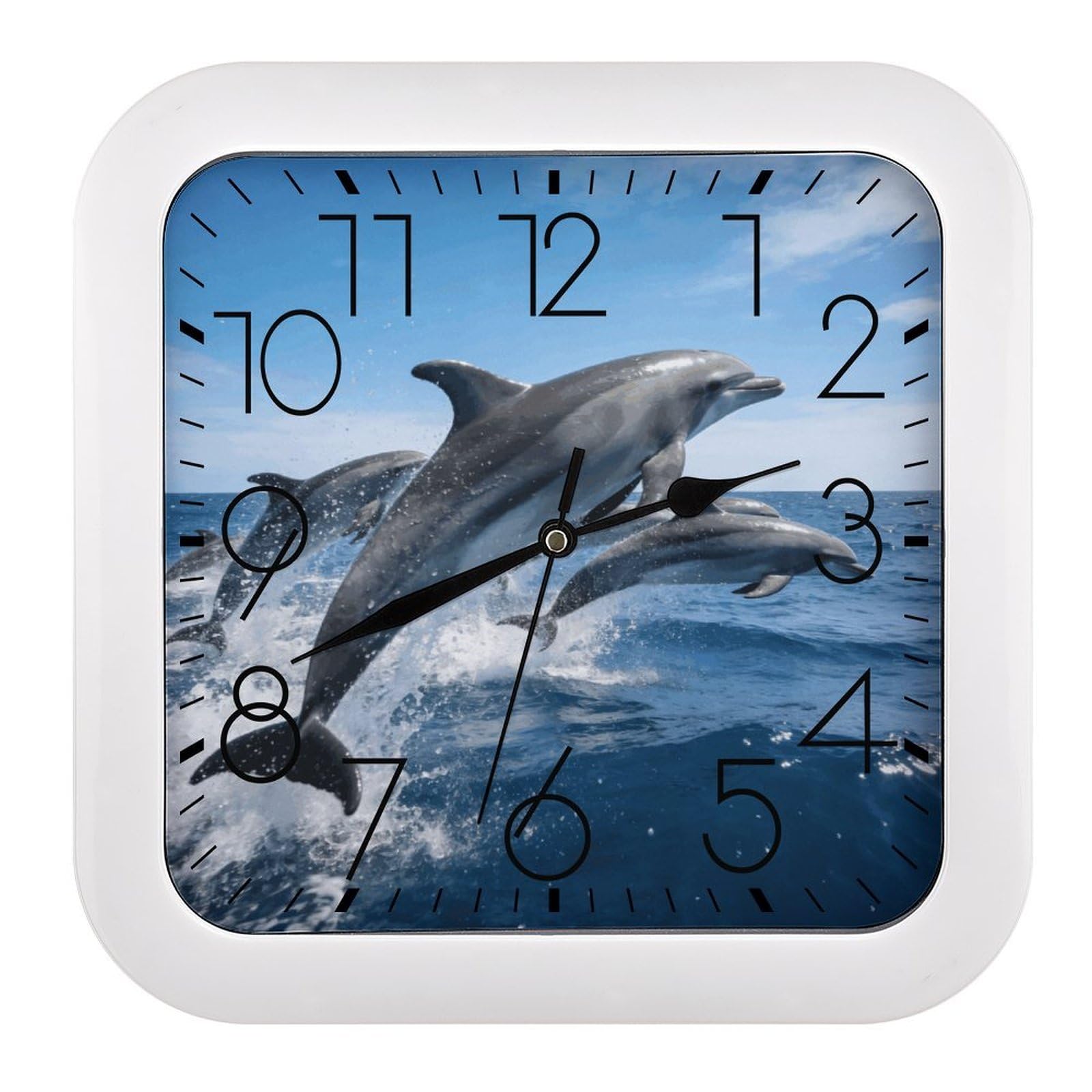 Fodpand Style Dolphins Wall Clock,Battery Operated Modern Retro Rounded Square Clock Clock For Bedroom Living Room Office Home Gym Porch Decor Indoor Outdoor 10.2 * 10.2In
