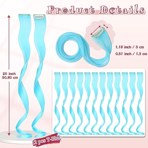 Miniatura 2 de Extensiones de cabello de colores, 12 piezas de 20 pulgadas, extensiones de cabello con clip de color azul T, arco iris, para fiesta, largo,