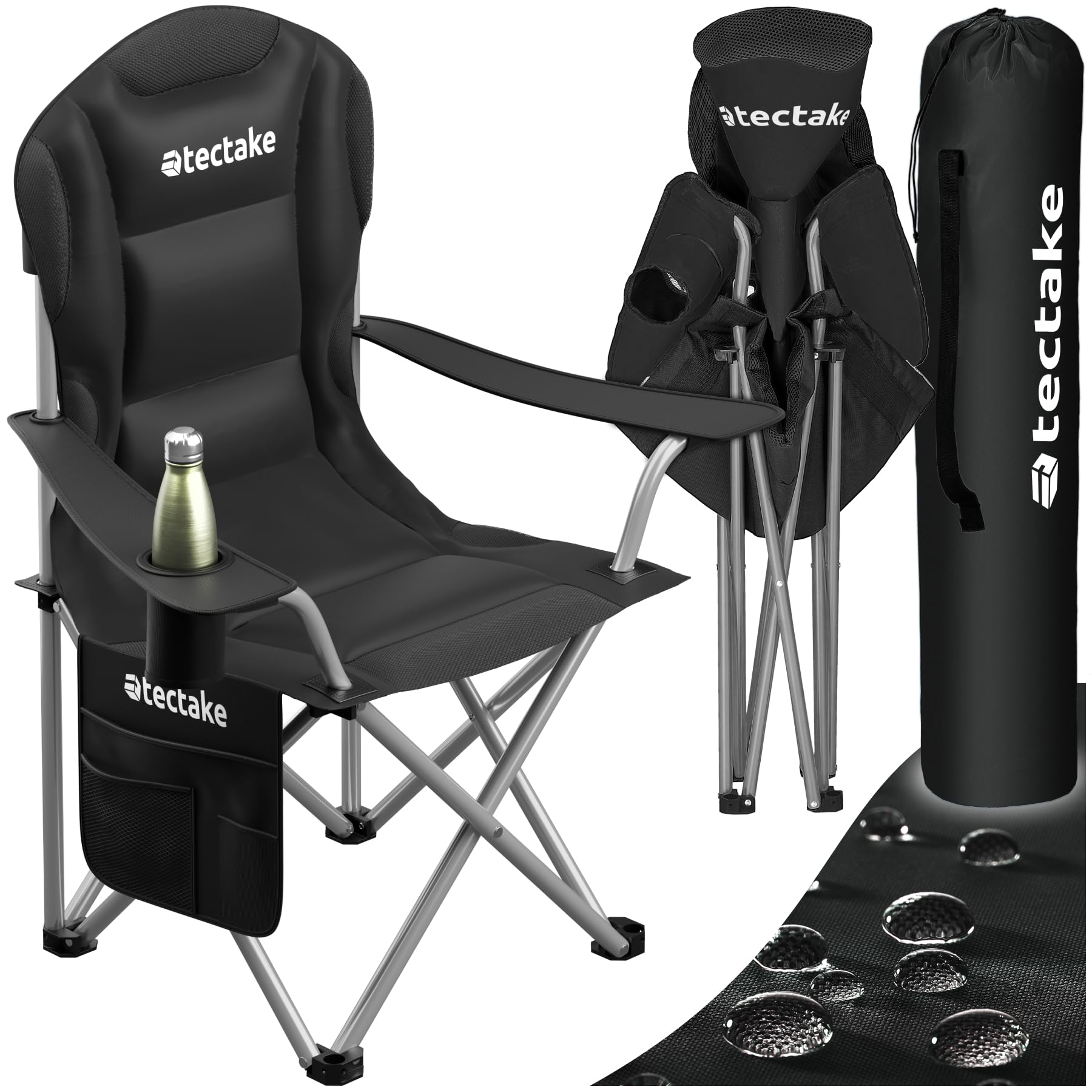 TecTake® Silla de Camping Plegable, Acolchada y con Portavasos, Silla Plegable con Bolsillo Lateral y Bolsa de Transporte, Tejido Impermeable, Silla Exterior para Acampada, Playa, Jardín, Picnic