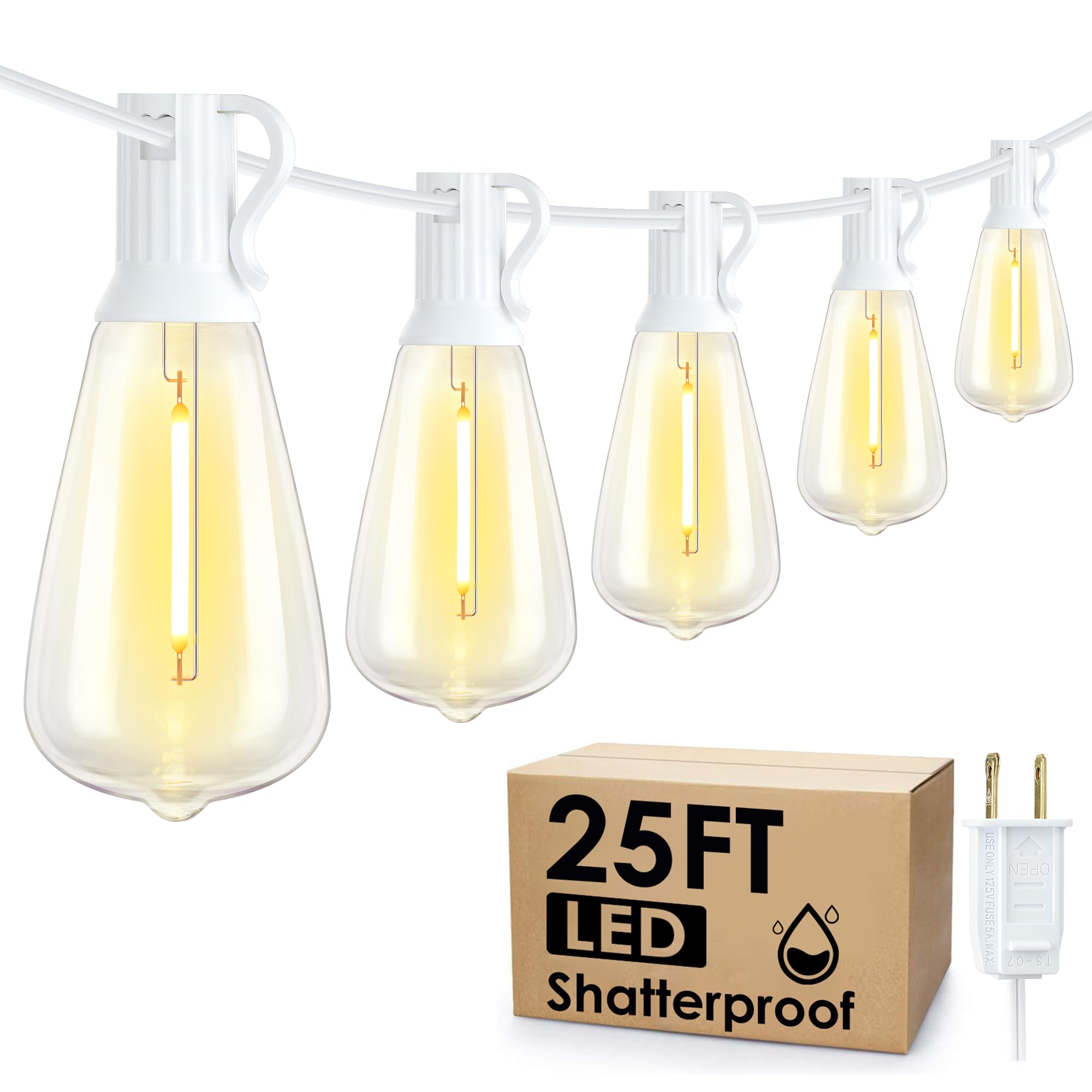 Larkvue 25FT Outdoor String Lights, Patio Lights with 10+1 2700K LED Dimmable Waterproof Outside Hanging ST38 Edison Bulbs for Backyard, White Cord