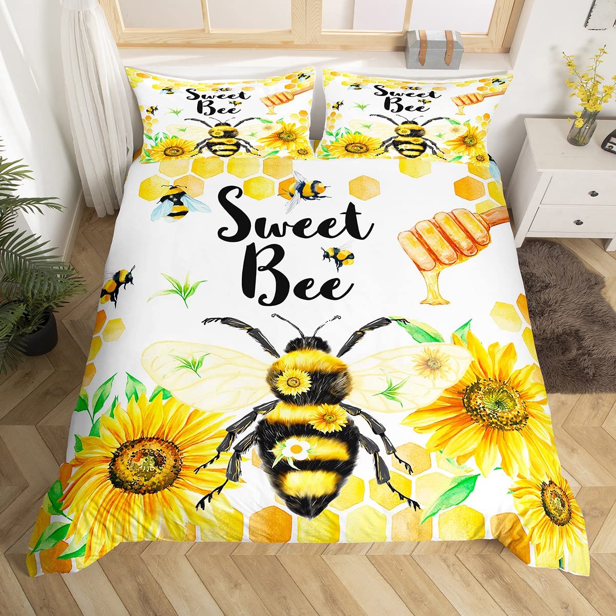 richhome Sweet Honey Bee Bedding Set for Girls Boys Yellow Bee Comforter Cover Sunflower Duvet Cover Honeycomb Bee Room Decor Geometric Hexagon Bedspread Cover Single Size Bedding Collection 2Pcs