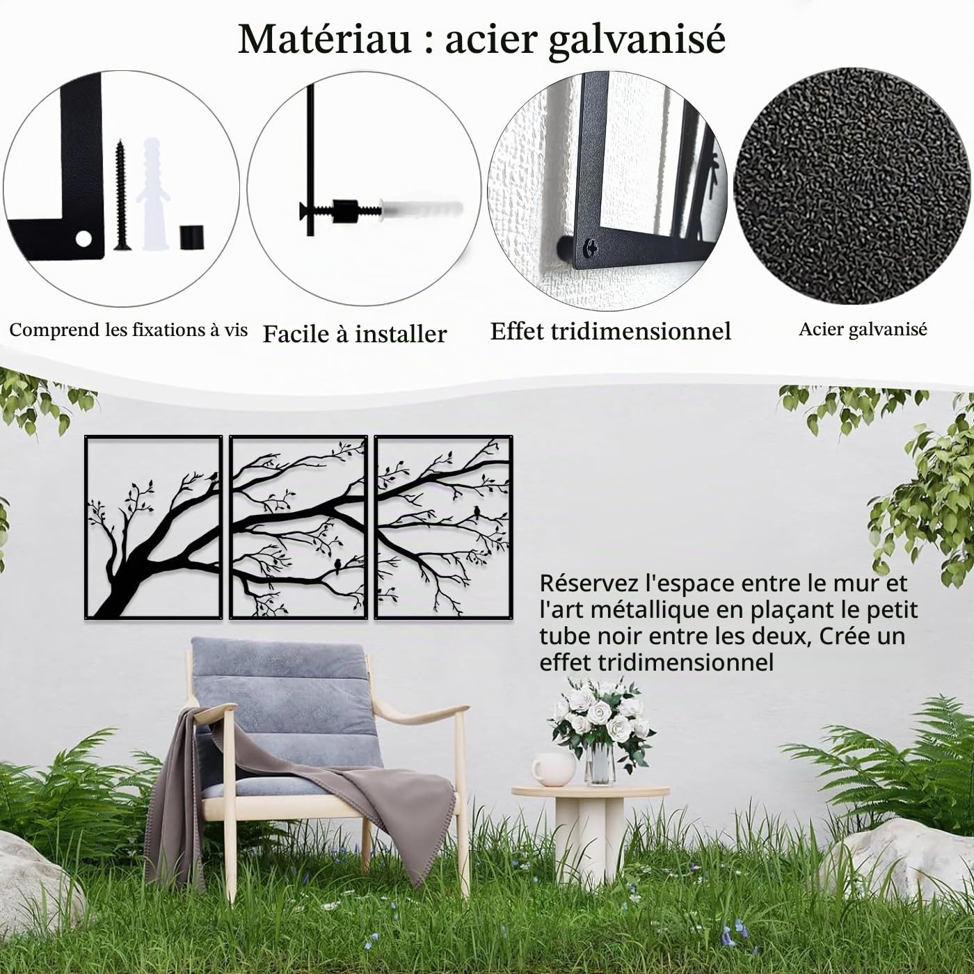 Pduoduo Set de 3 grands arbres de vie,décoration murale en métal,signe d'arbre,oiseaux sur la branche,sculpture en métal pour la maison,le jardin,le bureau,l'intérieur et l'extérieur (Small)