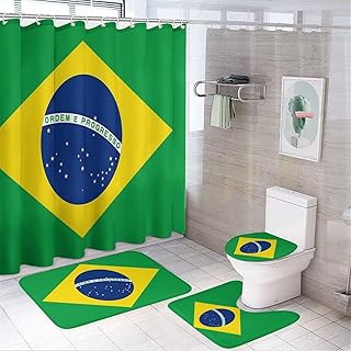 Brazil Flag Brazilian Bathroom Accessory Sets of 4 Pcs Shower Curtain with Rugs Toilet Lid Cover and Bath Mat for Bathroom Home Decor