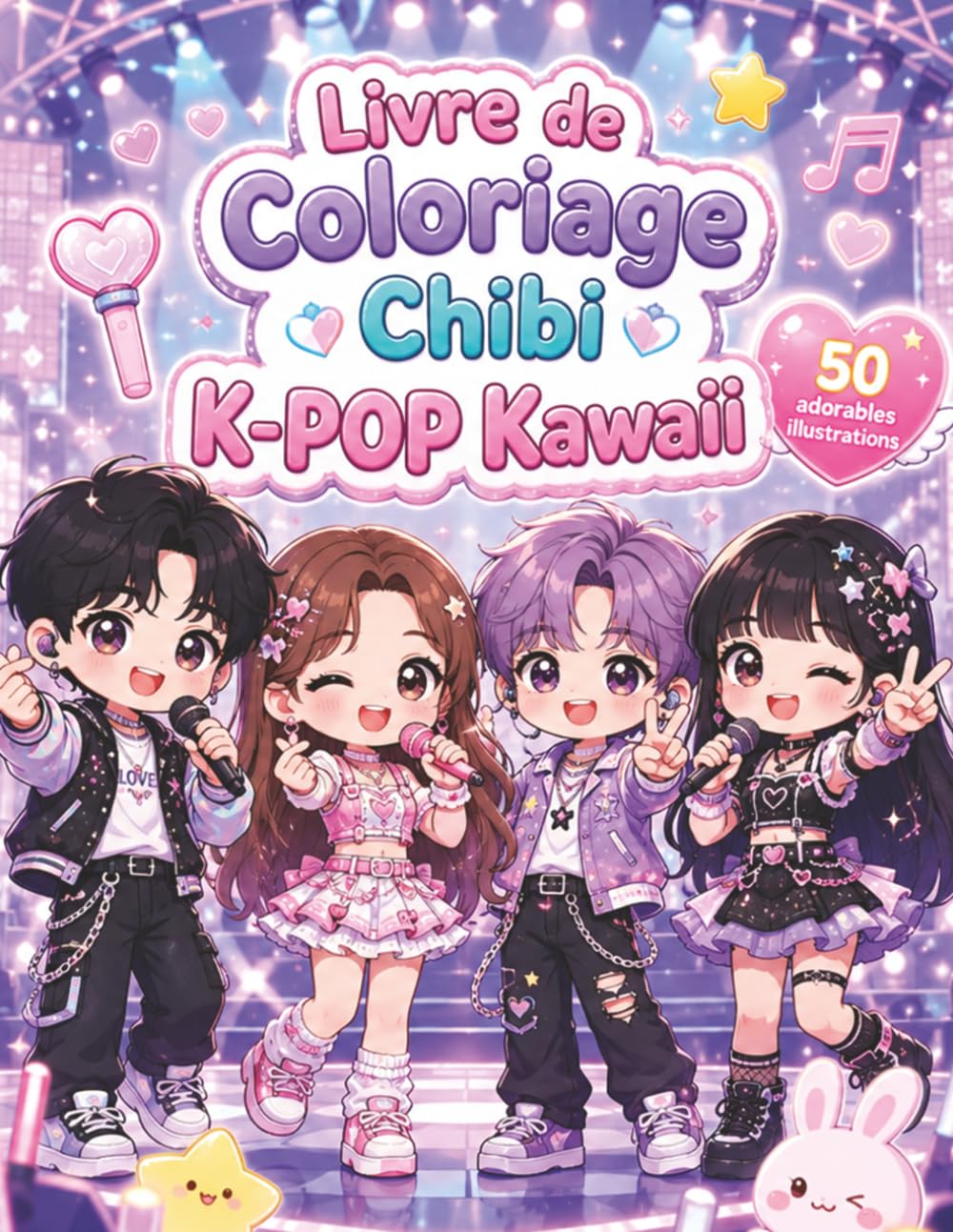 Livre de Coloriage Chibi K-POP Kawaii: Idoles mignonnes, scènes de concert, tenues stylées et accessoires adorables à colorier