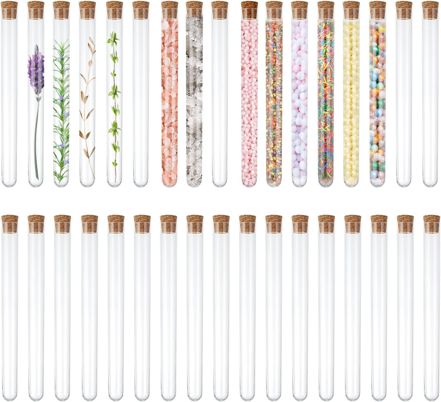 YAYODS 100PCS Plastic Test Tubes with Cork Stoppers, 20ML Reusable Clear Test Tubes Containers with Caps, Transparent Sealing Storage Test Bottle for Candy Storage, Liquids, Petals and Beads