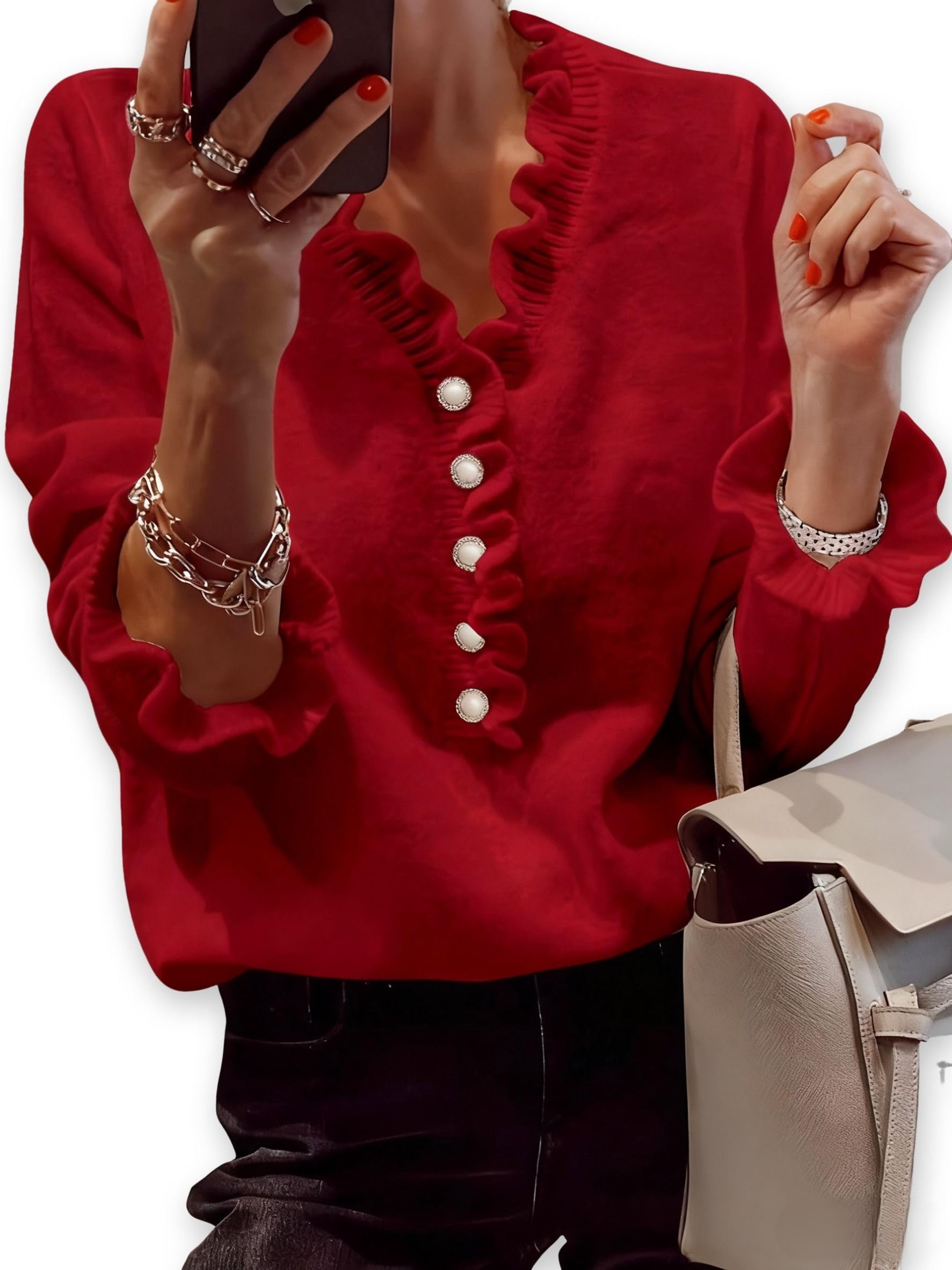 ZAFUL Womens Long Sleeve V Neck Sweater Pearl Button Ruffle Trim Knitted Elegant and Comfortable Pullover Tops
