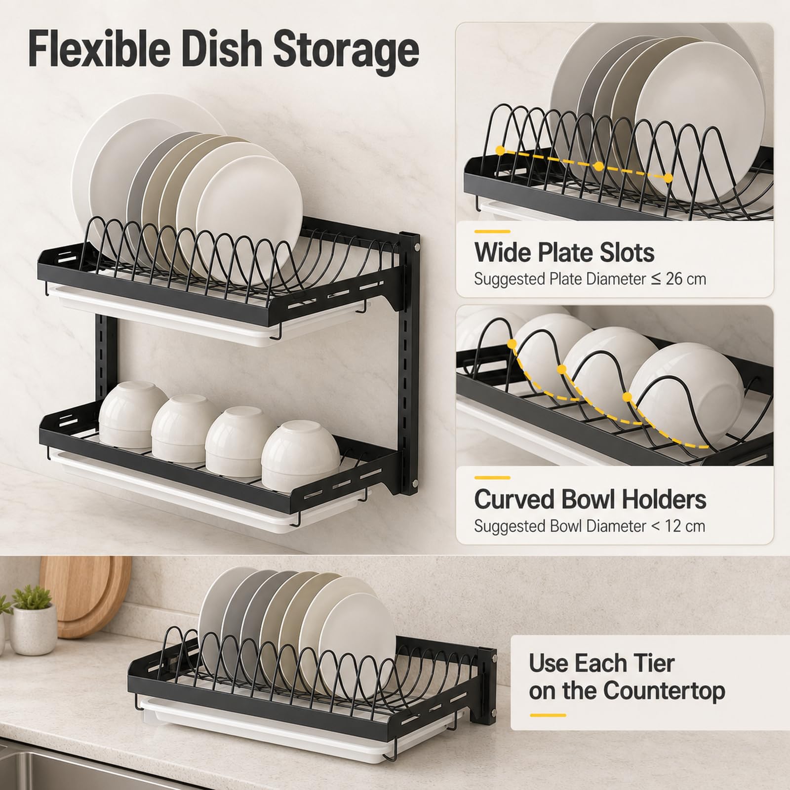 Escurridor de Platos de Pared,Escurreplatos De Pared De Acero Inoxidable,Escurridor De Platos con Bandeja,Estante para secar Platos Colgante,Ahorra Espacio,para Platos,Cuencos