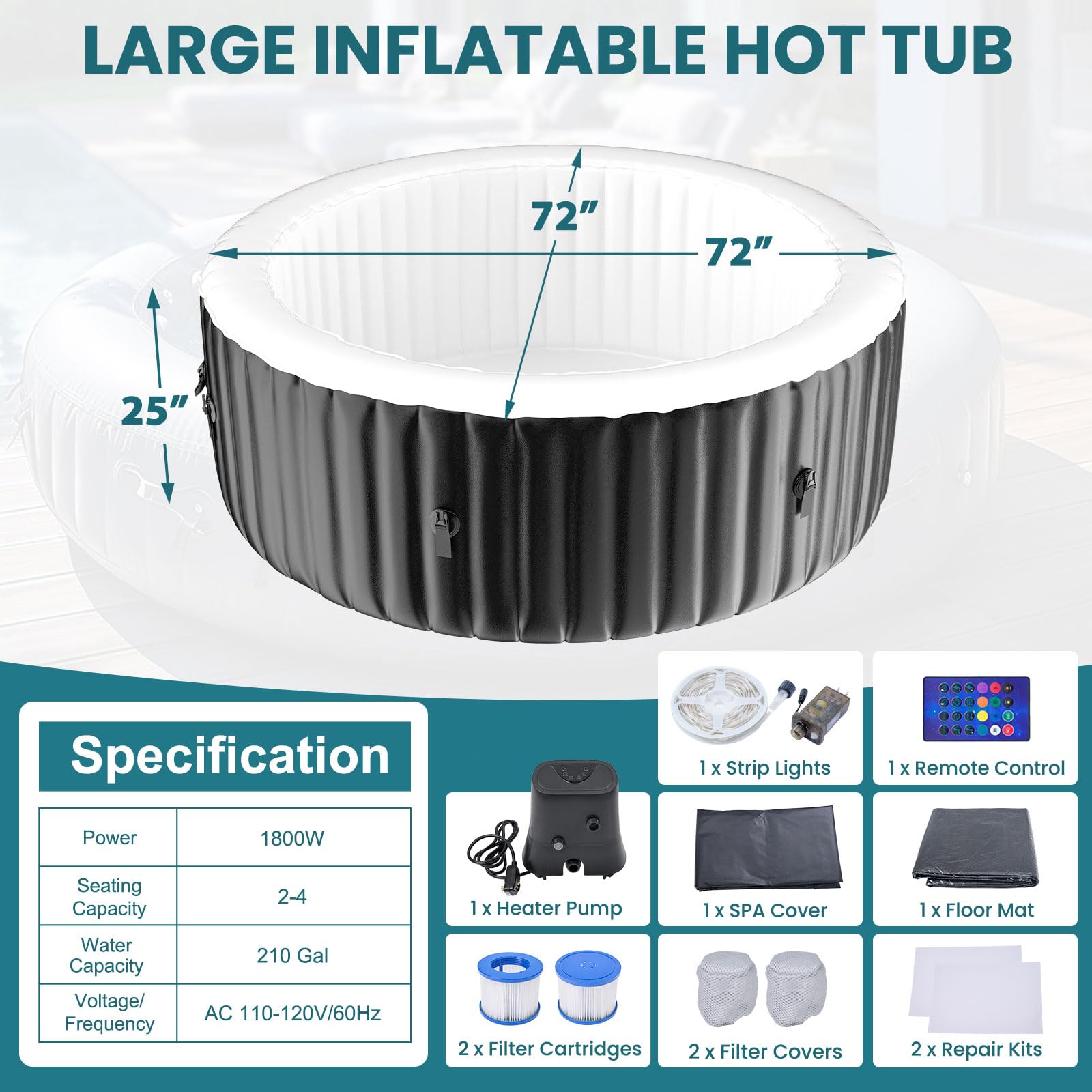 2-4 Person Inflatable Hot Tub with Colour-Changing LED Lights | Large Round Portable Spa with 120 Bubble Jets | Includes Heater Pump, Filter & Insulated Cover | 180L x 180W x 63H cm — view 3