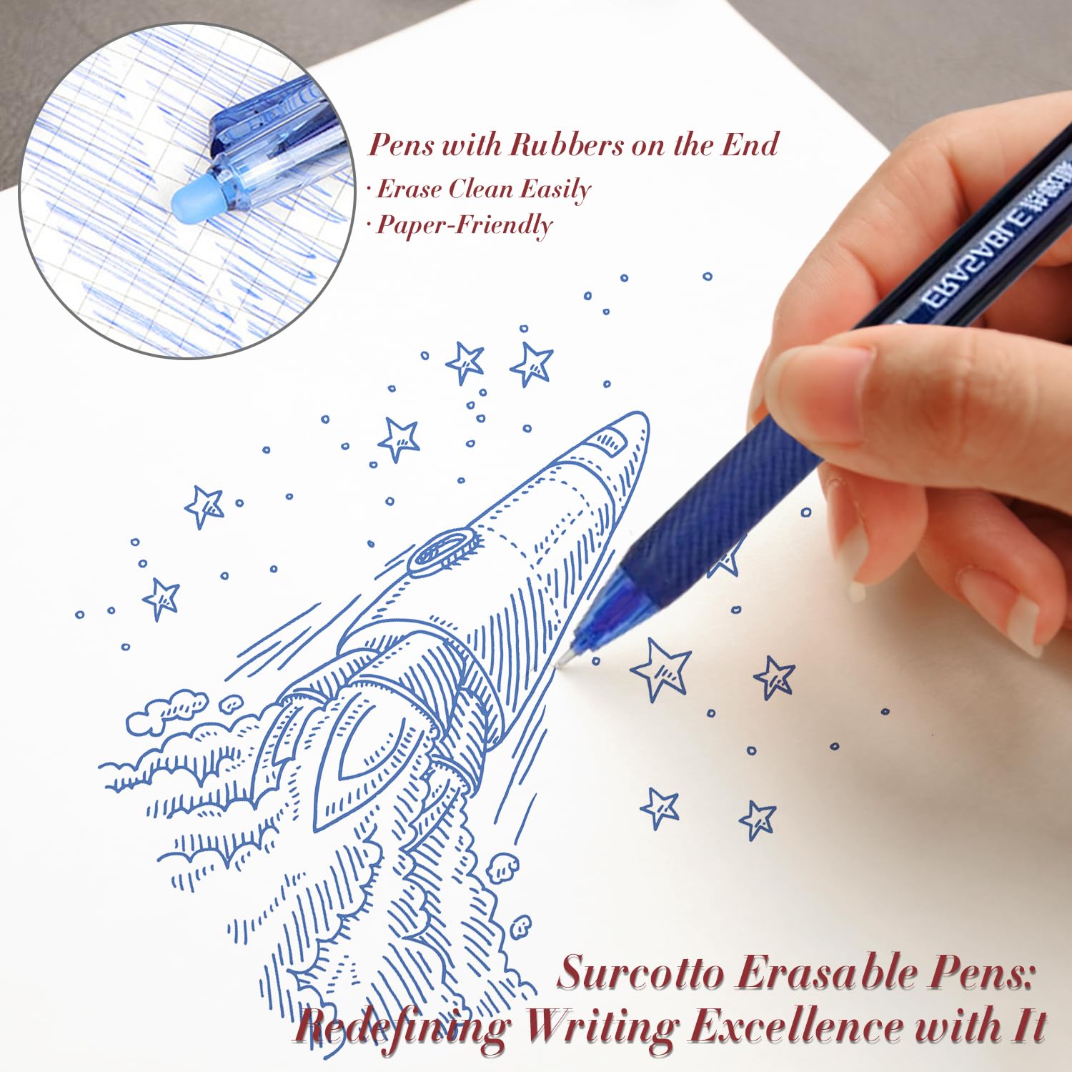 Surcotto 12pcs Erasable Pens Blue, Friction Pens with Rubber, Rub Out Pens with Eraser - Image 2