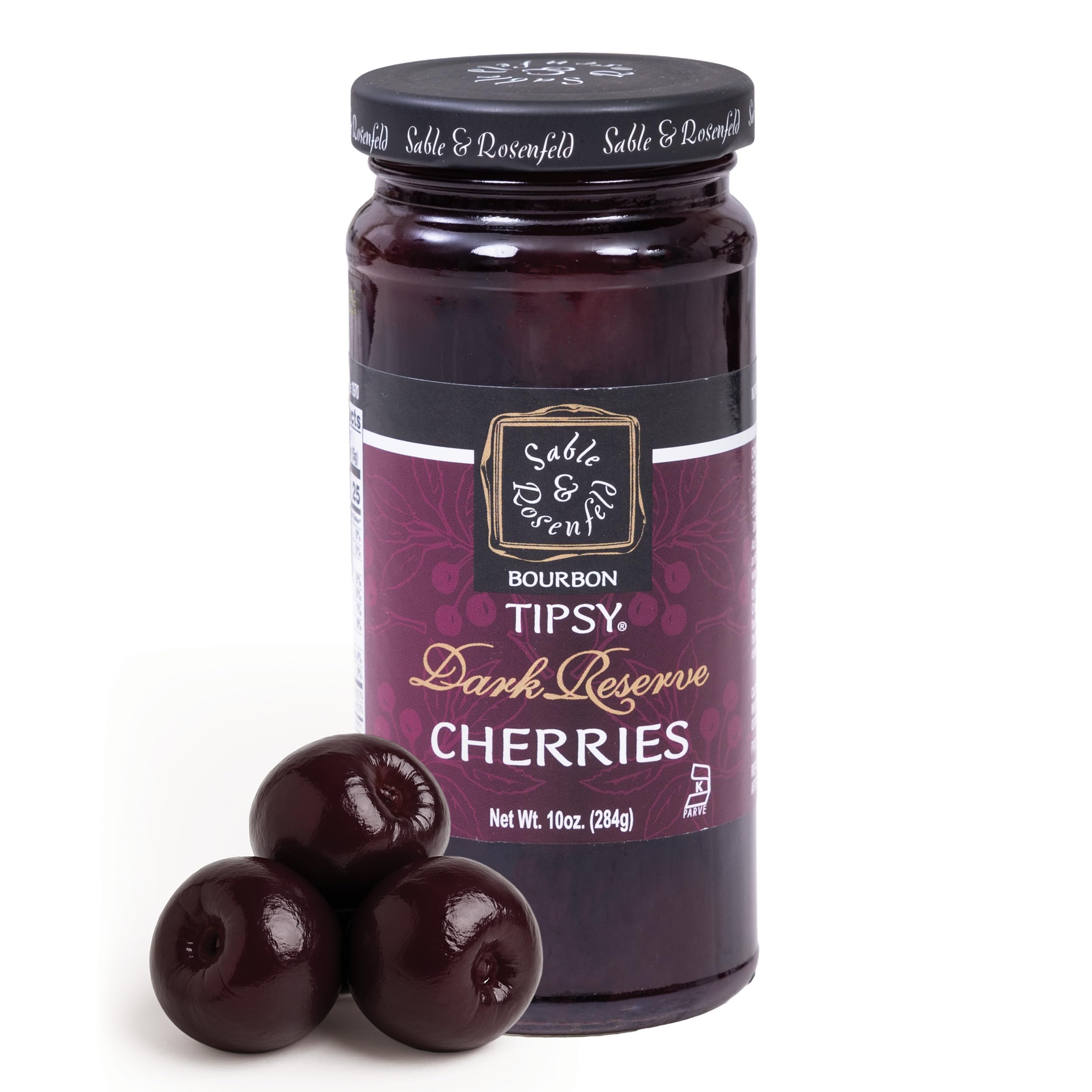 Sable & Rosenfeld Bourbon Tipsy Dark Reserve Cherries 10 oz Jar (Pack of 1), Stardust Cherries in an Elderberry, Vanilla, Bourbon Syrup, Kosher Garnish, Perfect for Desserts