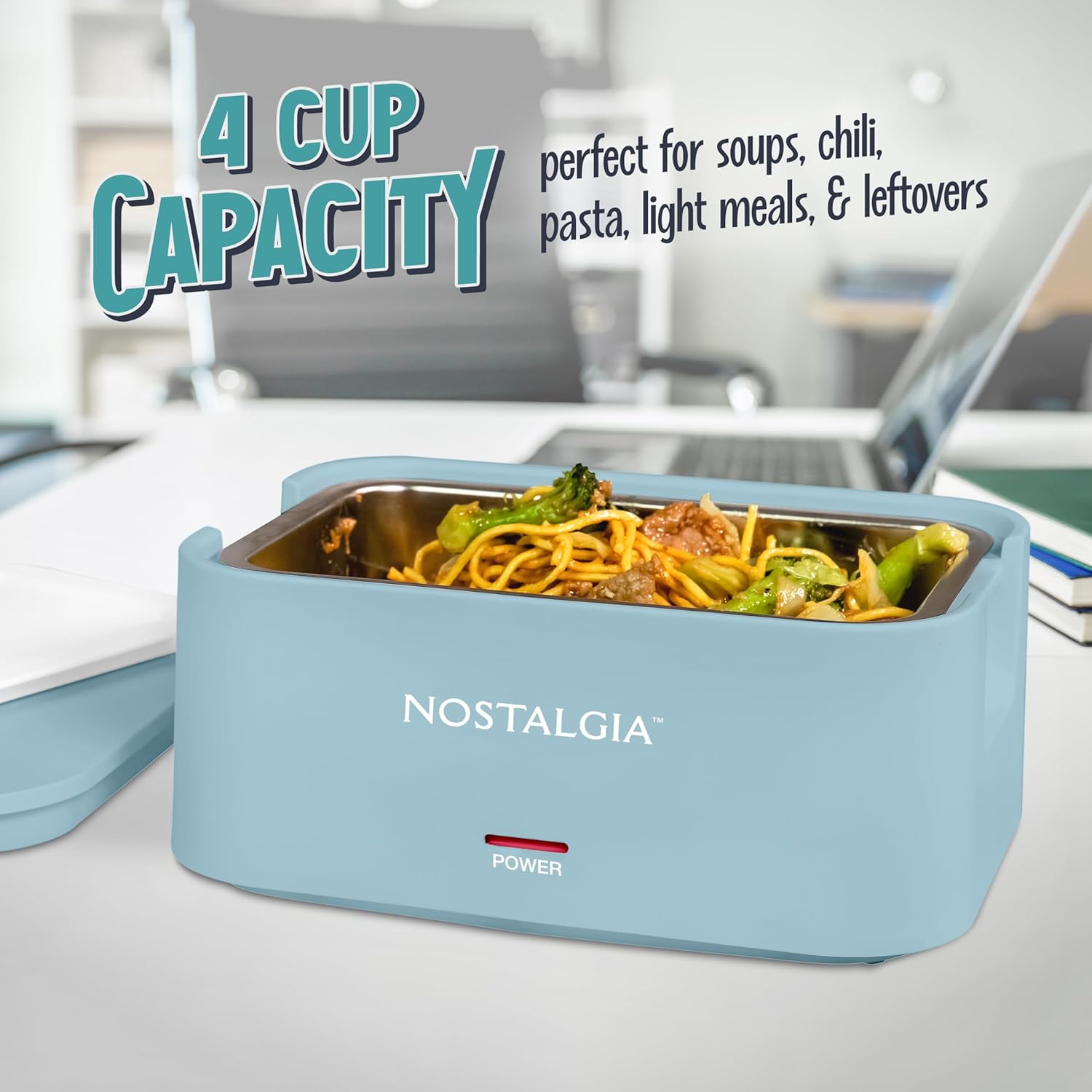 Nostalgia 32-Ounce Heated Electric Lunch Box – Travel Size 4 Cup Capacity for Soup, Pasta, and Leftovers – Leak-Proof Silicone Sealed Lid, Foldable Carry Handle, Detachable Cord – Chambray - Image 4