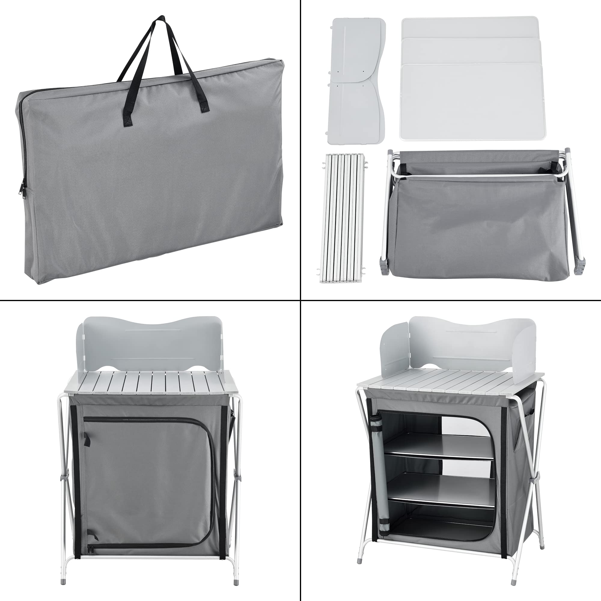 Mobile Portatile da Campeggio Credenza Cucina Pieghevole con Ripiani e Borsa di Trasporto Telaio in Alluminio 110x70x52 cm Grigio Scuro