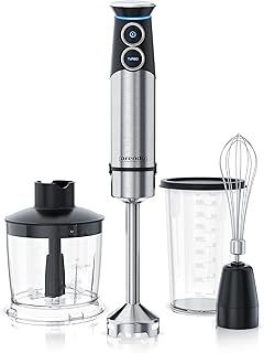 Arendo - Mixeur plongeant 1500 W inox - Presse-purée - Batteur manuel - Vitesse en continu - Bouton turbo - Couteau à 4 lames - Verre doseur 800 ml - Avec hachoir 500 ml - Fouet