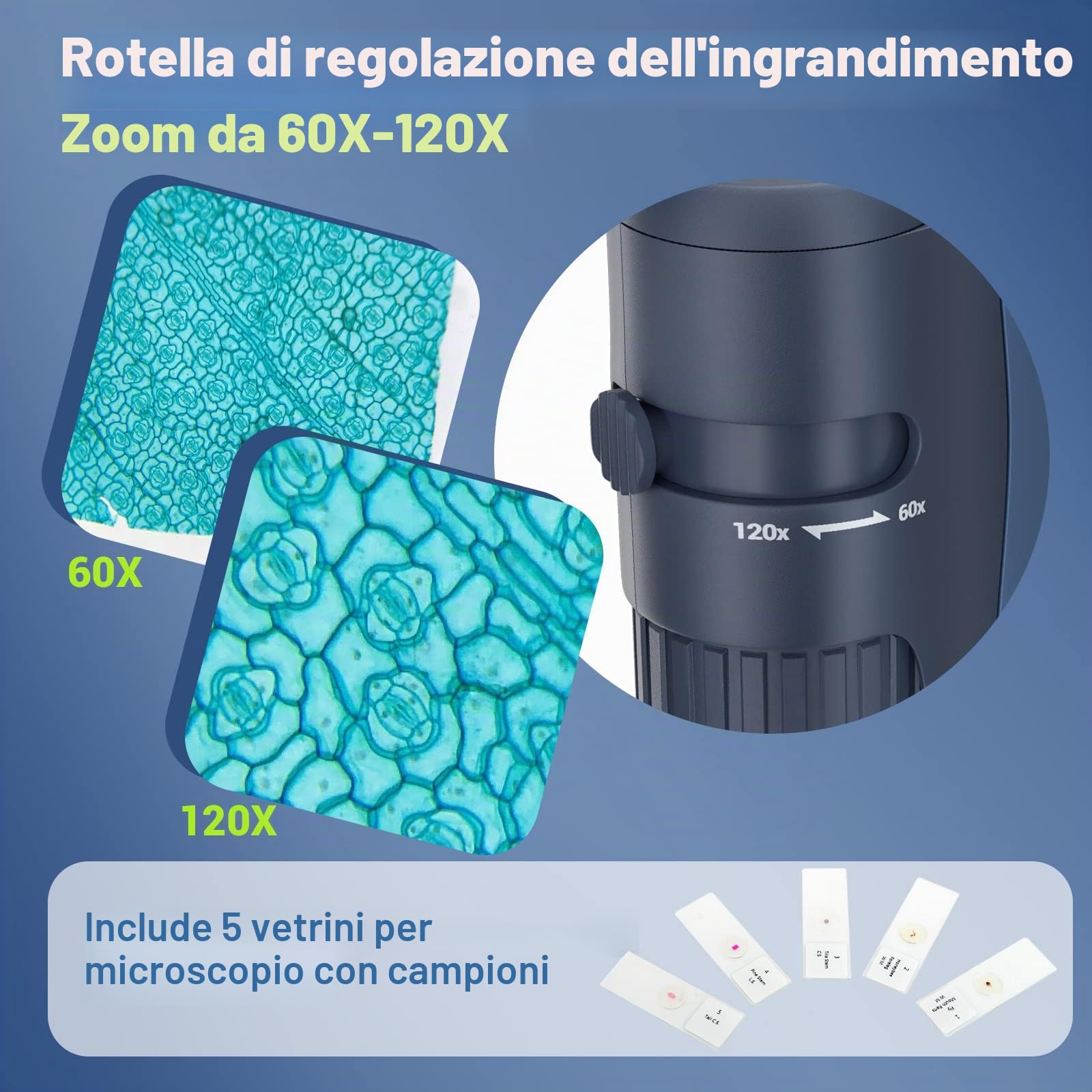 Microscopio tascabile per bambini, microscopi portatili 60X-120X zoom con LED, mini microscopio portatile con 5 vetrini per microscopio per apprendimento, educazione ed esplorazione
