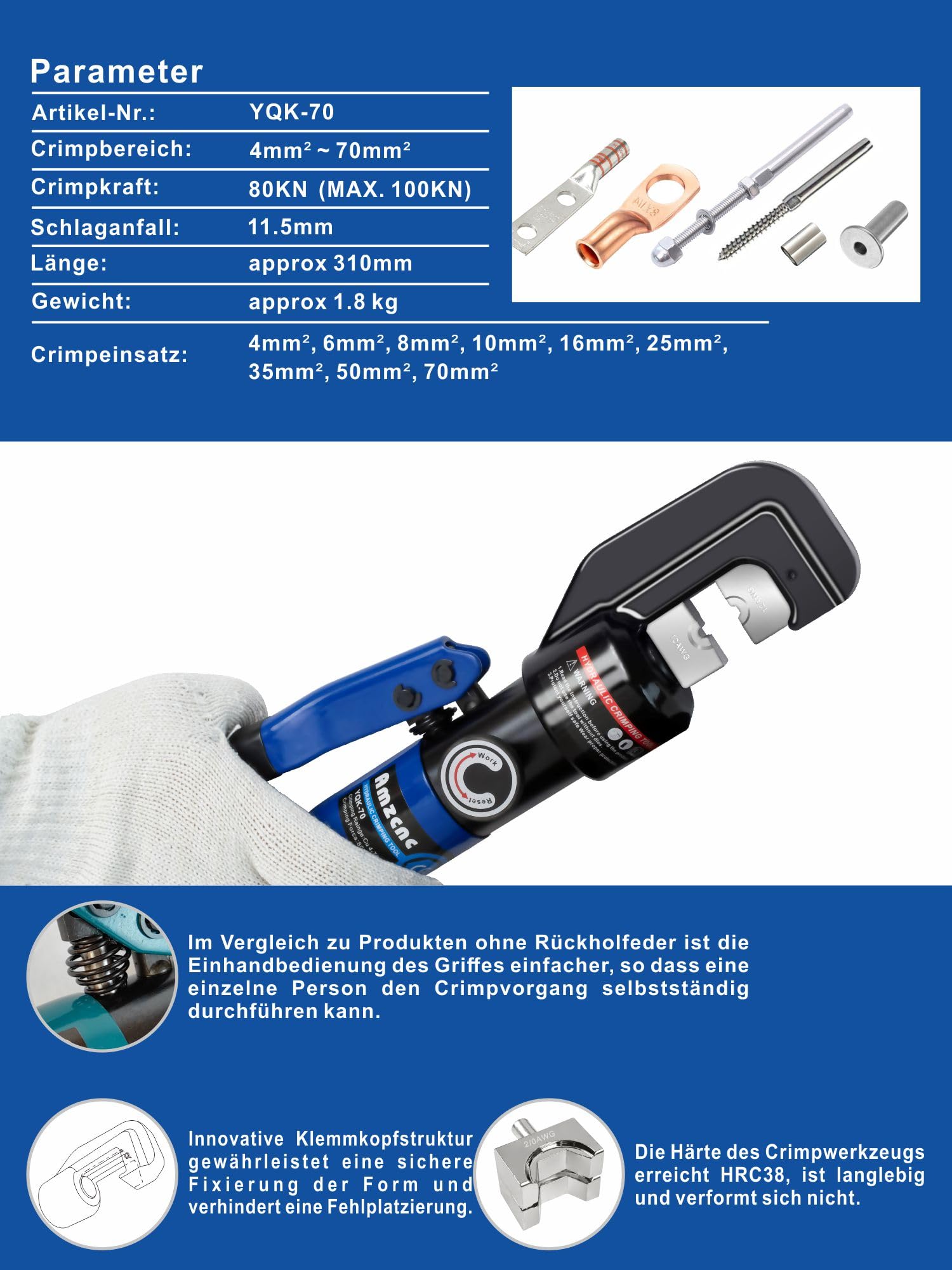 AMZCNC 8 tonów hydrauliczne szczypce zaciskowe 4-70 mm², szczypce do końcówek kablowych z 9 parami (4-70 mm²))