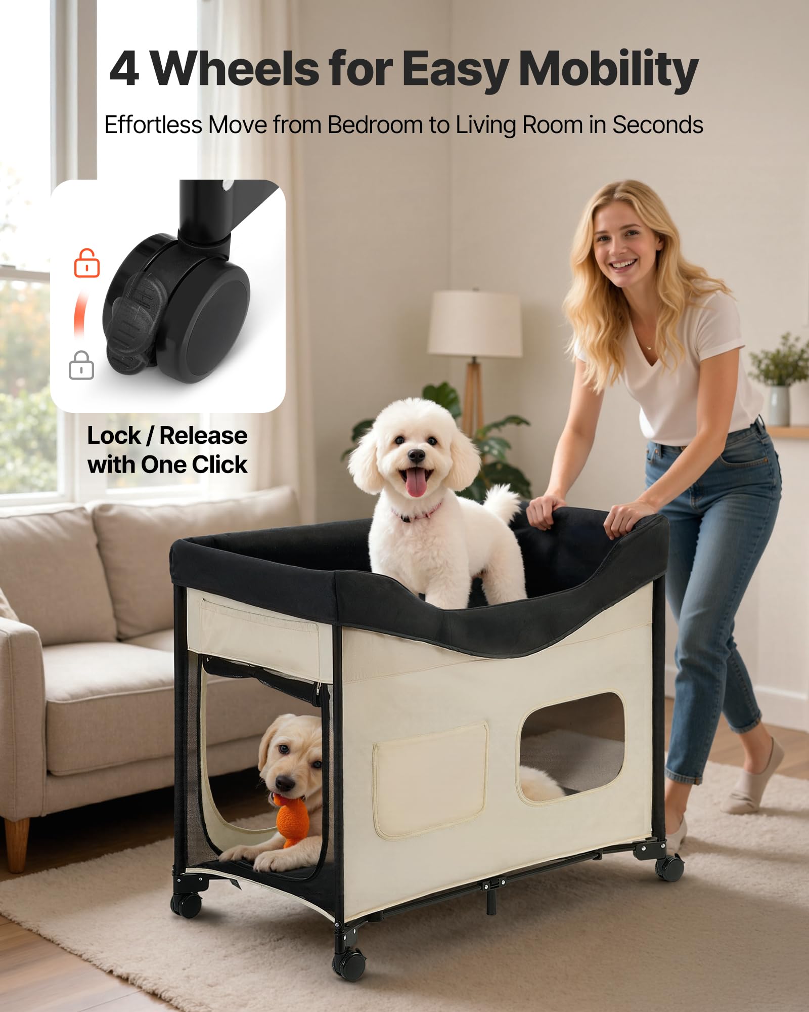 VEVOR Lit Surélevé pour Chiens Chats, Lit de Camp pour Animaux de Compagnie Pliable, Panier Chiens en Tissu Oxford 600D et Velours Hollandais, avec Roues et Pochettes Latérales, Taille XL, Beige