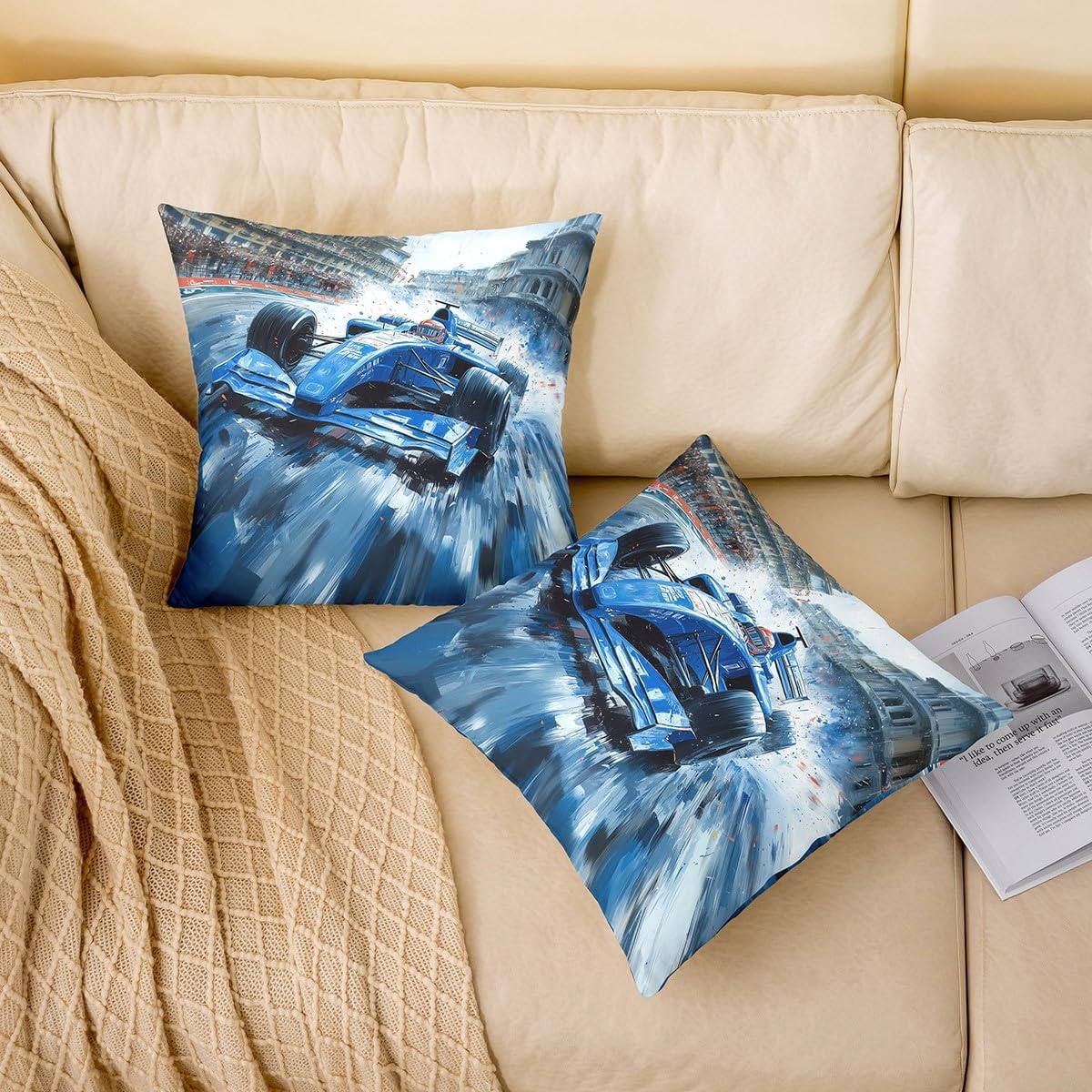 3D Formula Car Pillow Cover Speed Racing Kart Pillow Case for Teens Adults Extreme Sprots Gaming Cushion Cover for Living Room Cool Blue Race Car Pillowcase 16x16 Inch image 2