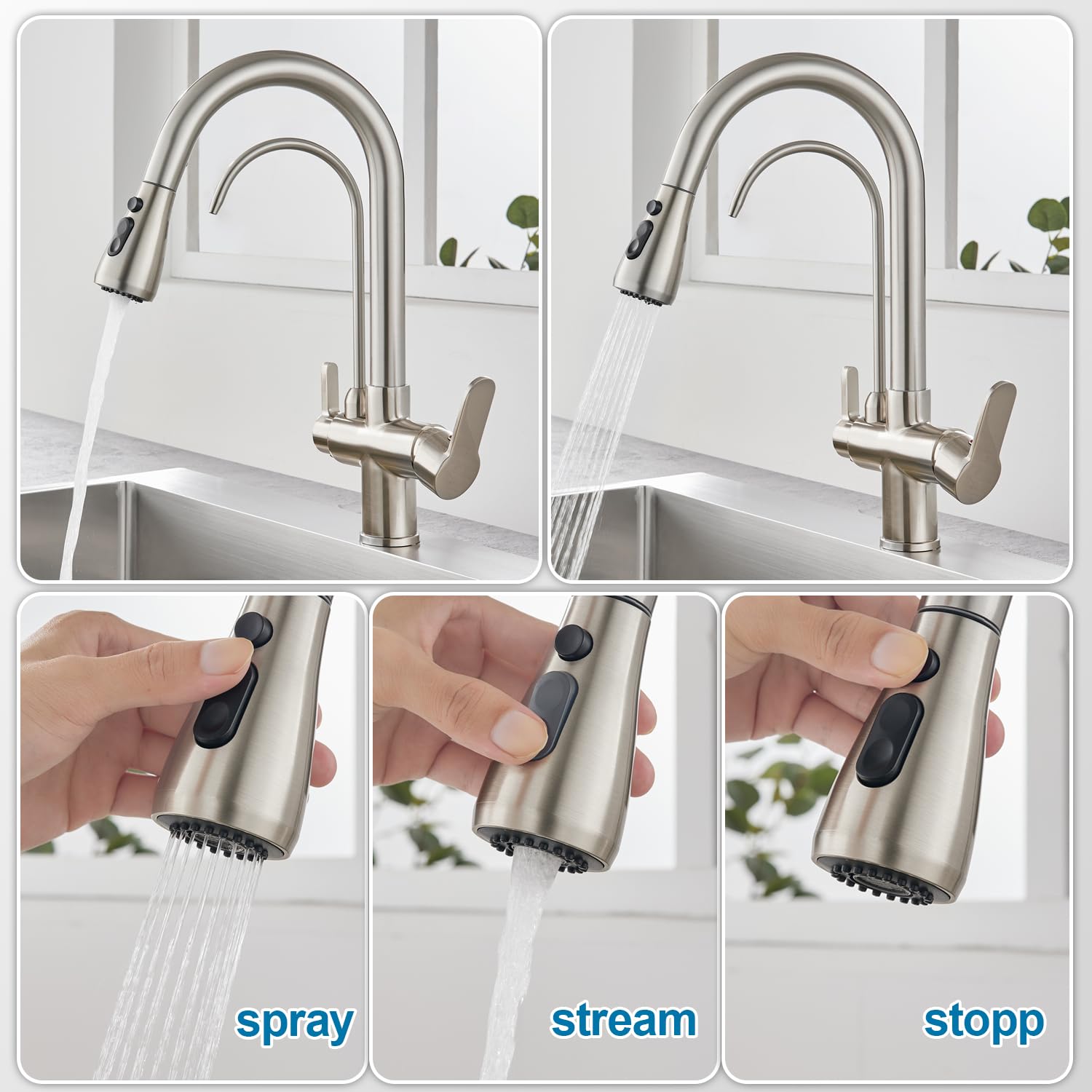 Grifo de cocina con filtro de agua 3 en 1, grifo de cocina extraíble, grifo de fregadero con dos salidas