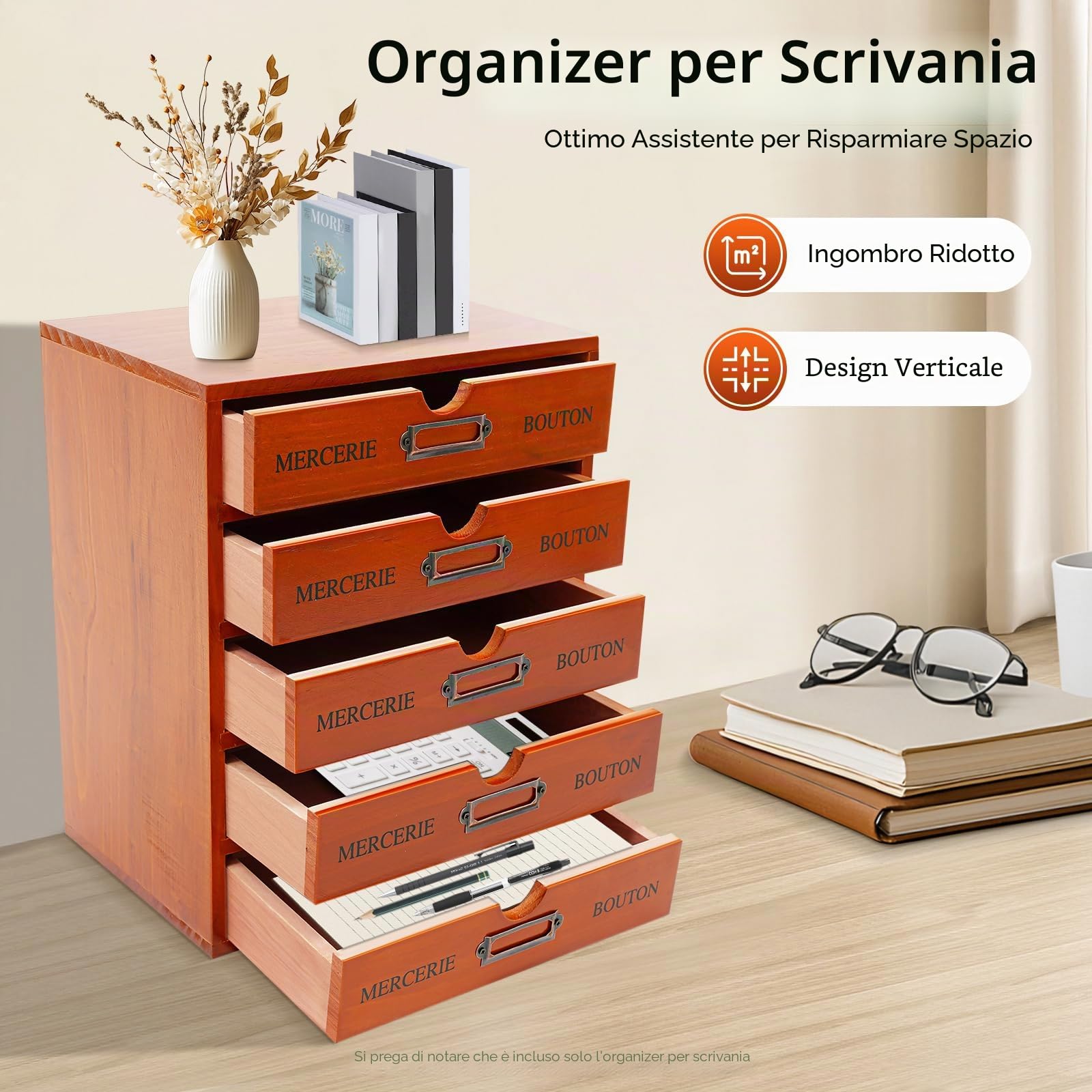 5 cassetti torre portaoggetti, organizer da scrivania in legno, organizer per ufficio con cassetti, portaoggetti per ufficio e casa, organizer in legno con 5 livelli, per ufficio, camera da letto e