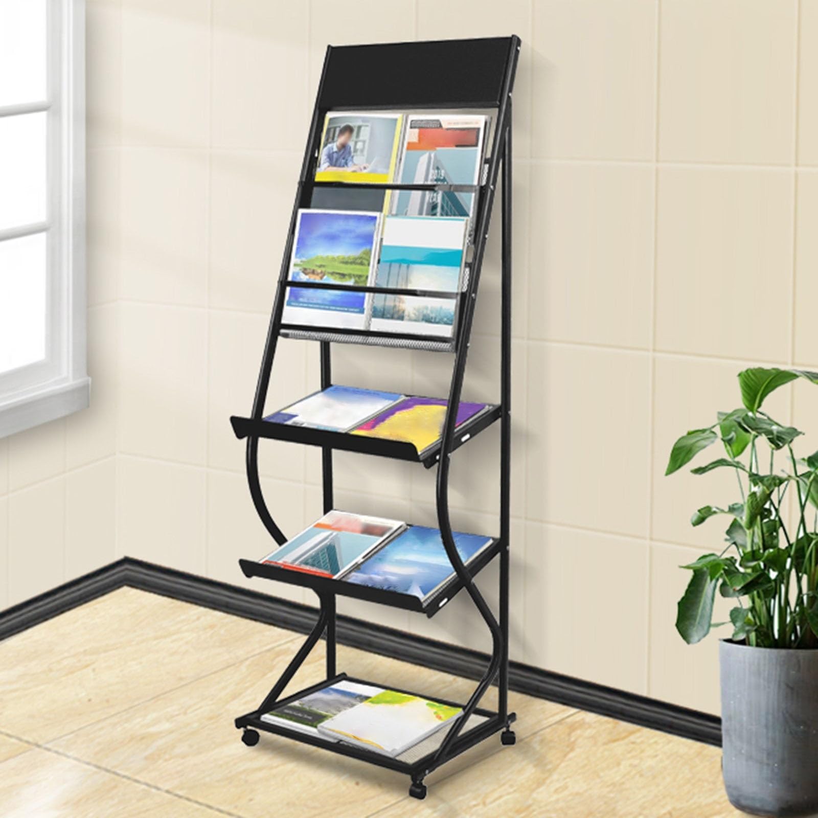 WDJBPSH Large Literature Magazine Stand on Wheels, 5 Tier Stand Up Brochures Rack for School/Hotel Lobby/Libraries Bookshelf, Save Space (Color : Black)